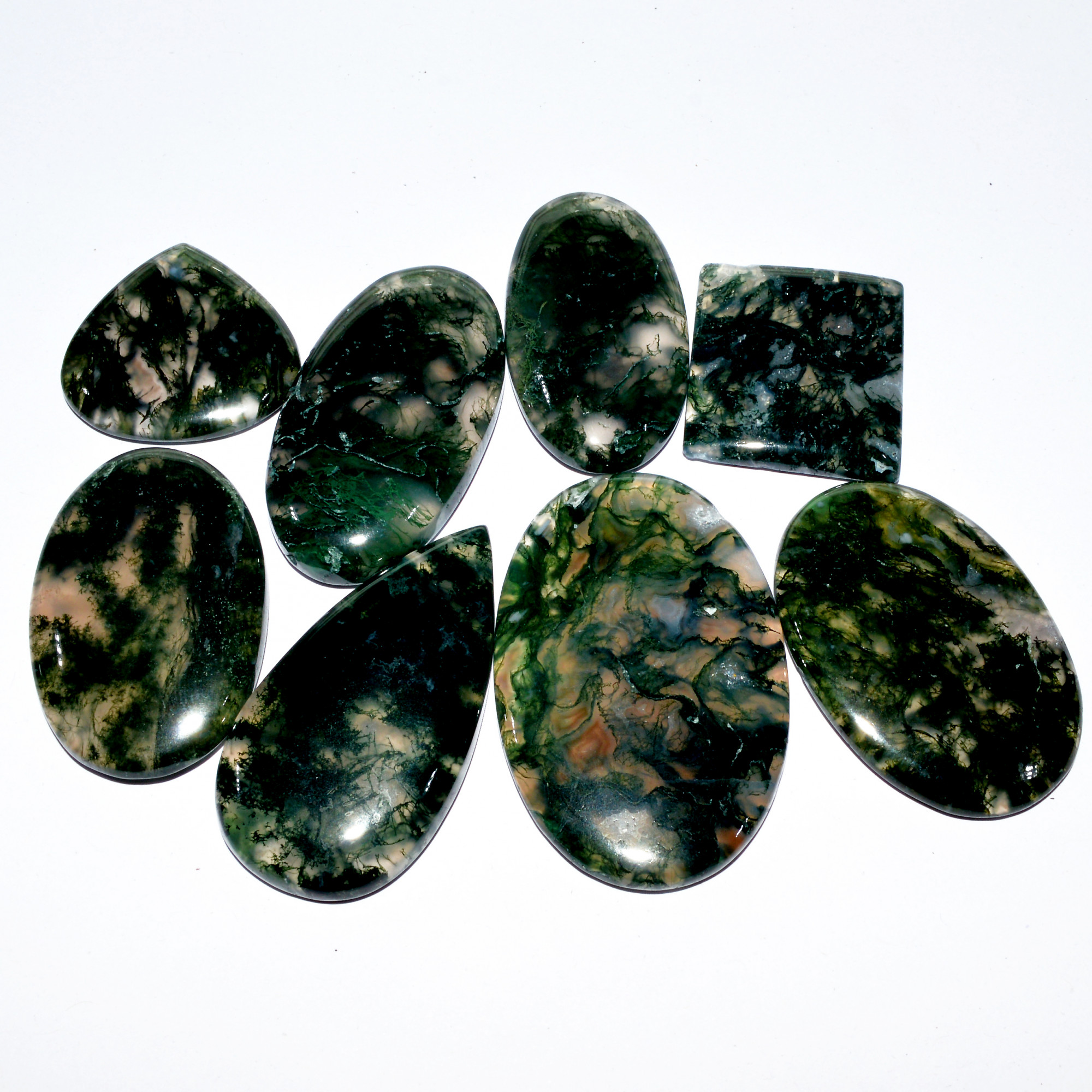8 Pcs 353 Cts Natural Moss Agate Cabochon Loose Gemstone Lot Wire Wrap Pendant and Jewelry Handmade Gems Gift For Her 45x30 25x24mm 16720