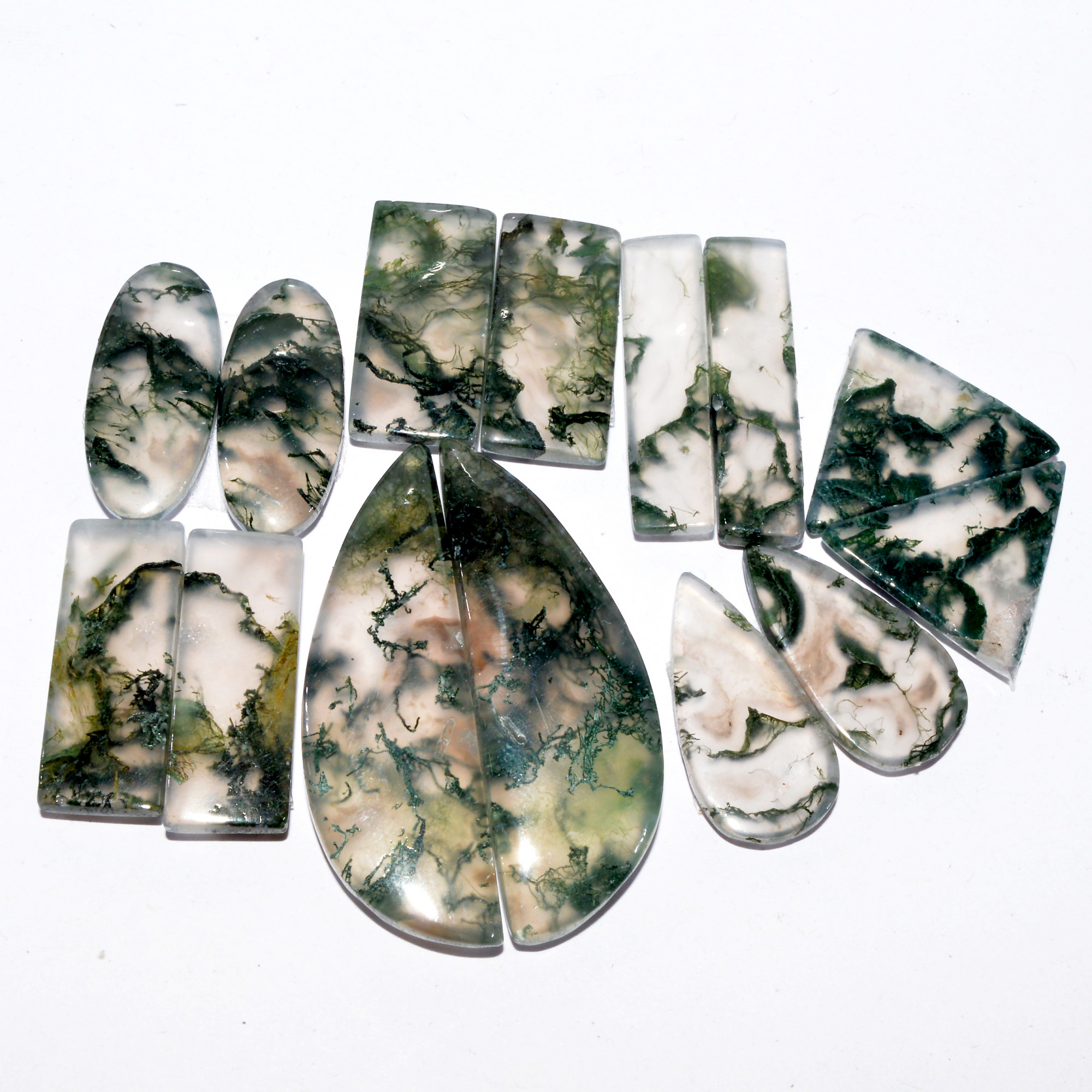 7Pairs 165Cts Natural Green Moss Agate Cabochon Pairs Mixed Shapes And Sizes Green Agate Jewelry Handmade Boho Earrings 23x11 41x13mm 16723