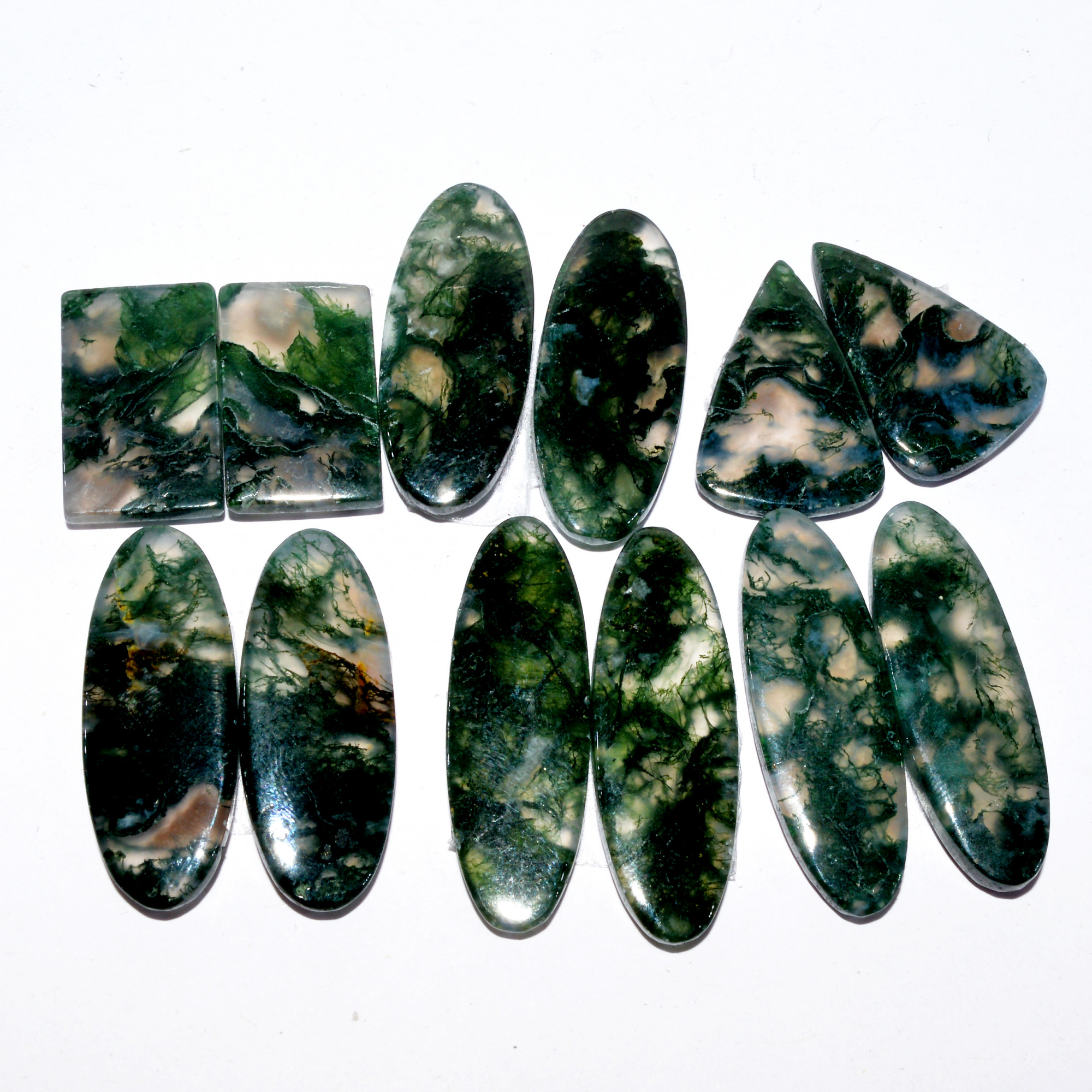6Pairs 151Cts Natural Green Moss Agate Cabochon Pairs Mixed Shapes And Sizes Green Agate Jewelry Handmade Boho Earrings 20x12 32x10mm 16729