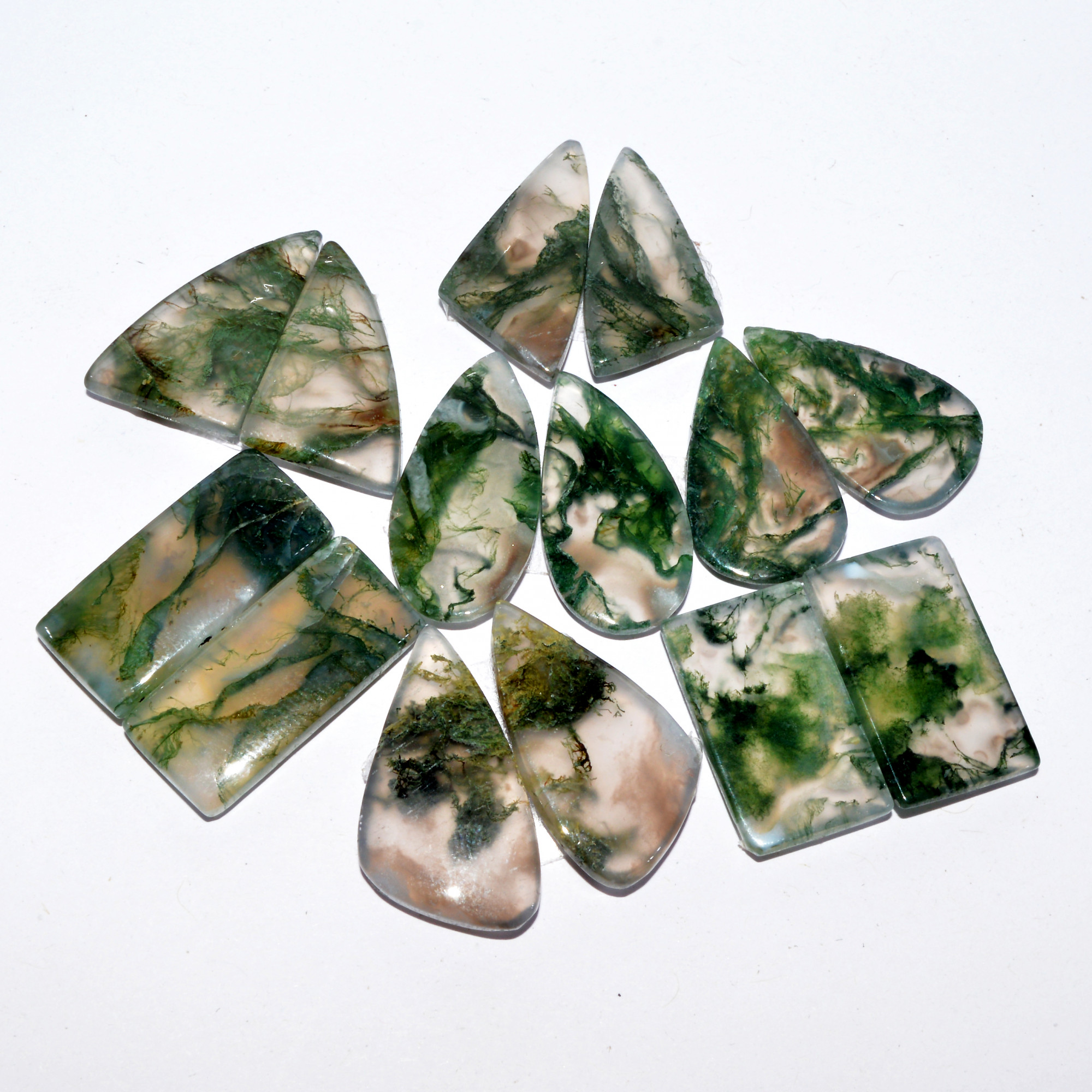 7Pairs 143Cts Natural Green Moss Agate Cabochon Pairs Mixed Shapes And Sizes Green Agate Jewelry Handmade Boho Earrings 24x14 27x13mm 16730