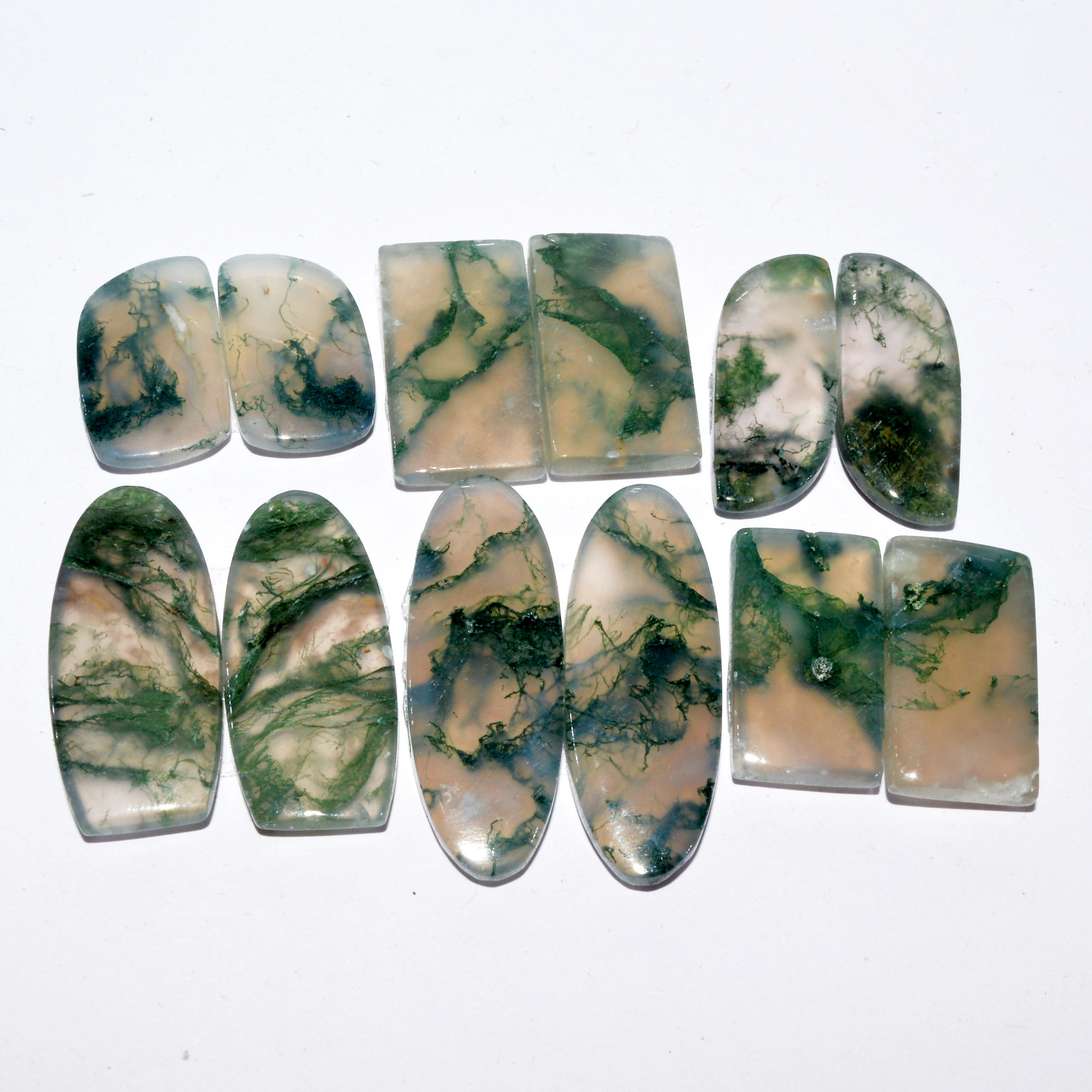 6Pairs 162Cts Natural Green Moss Agate Cabochon Pairs Mixed Shapes And Sizes Green Agate Jewelry Handmade Boho Earrings 18x12 33x12mm 16731