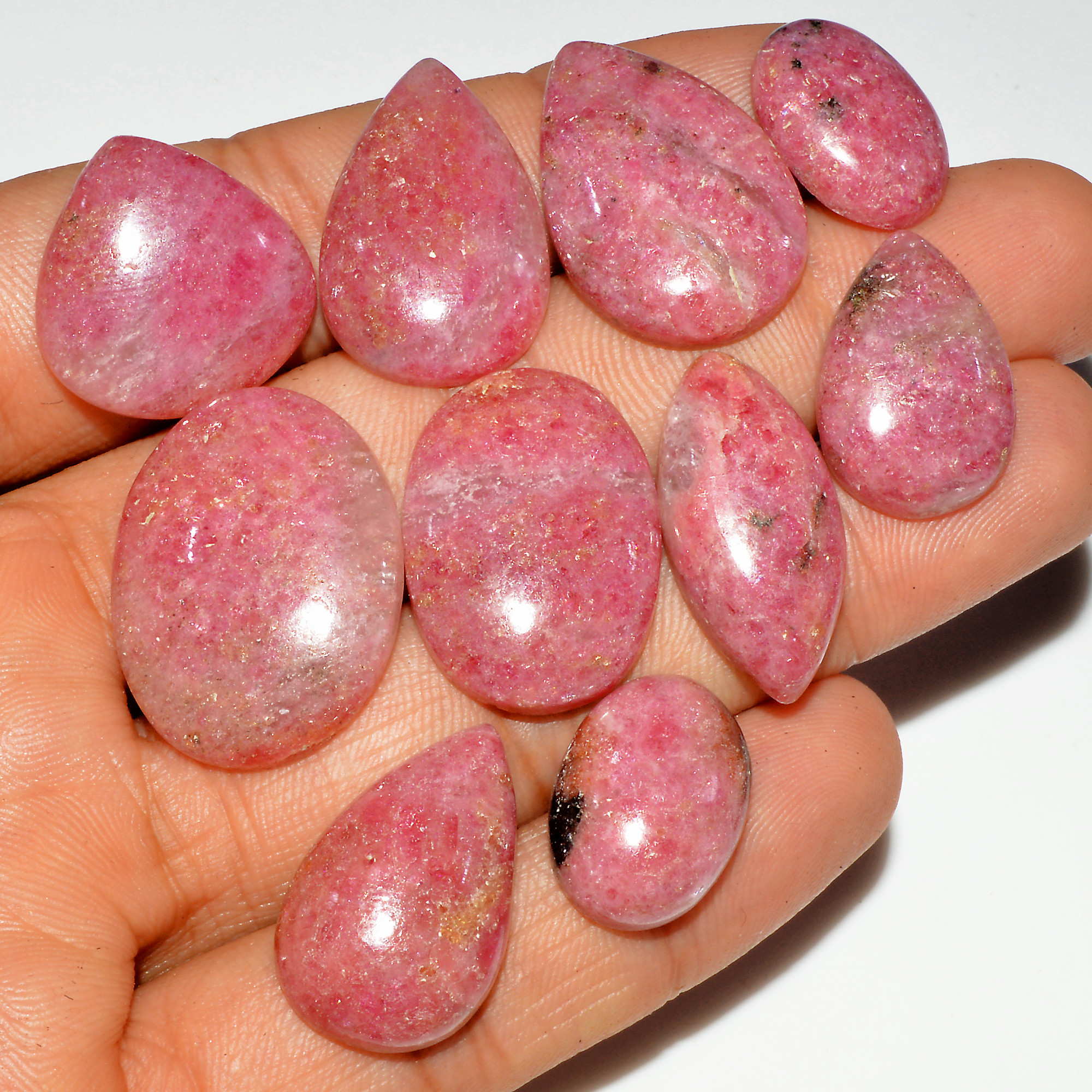 10Pcs 218Cts Natural Pink Rhodonite Cabochon Loose Gemstone Mix Shapes and Size Rhodonite Silver Jewelry Craft Supplies 25x20 15x10mm 16750
