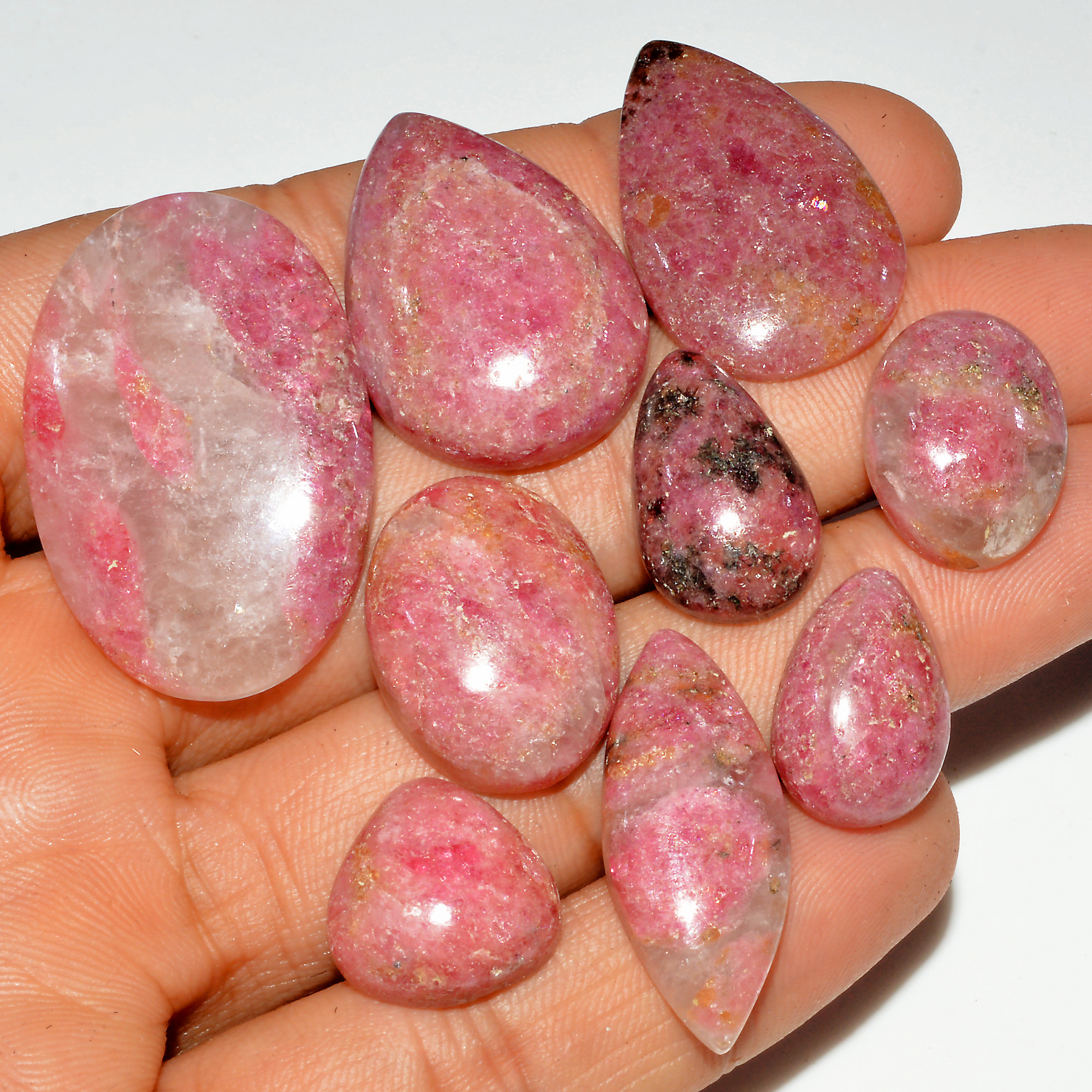 9Pcs 217Cts Natural Pink Rhodonite Cabochon Loose Gemstone Mix Shapes and Size Rhodonite Silver Jewelry Craft Supplies 35x20 14x13mm 16757
