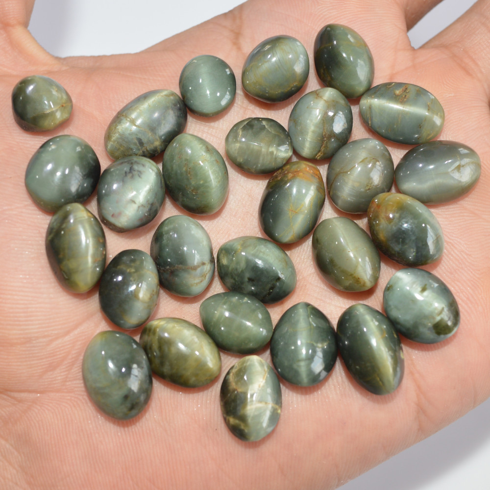 Image of 25 Pcs 245 Cts Natural Chrysoberyl Cat Eye Loose Gemstone Lot Green Crystal Mixed Shape For Jewelry Making And Healing 14x9 10x8mm #16859