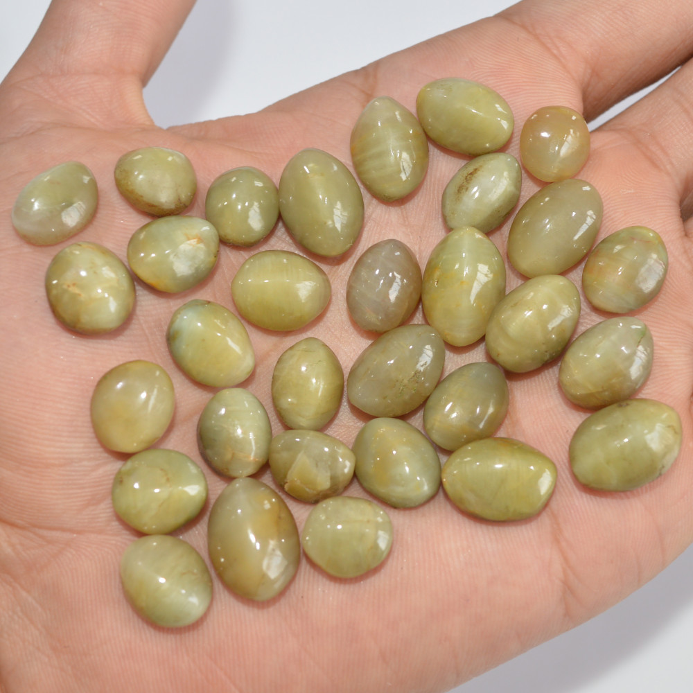 Image of 30 Pcs 256 Cts Natural Chrysoberyl Cat Eye Loose Gemstone Lot Green Crystal Mixed Shape For Jewelry Making And Healing 14x10 10x8mm #16861