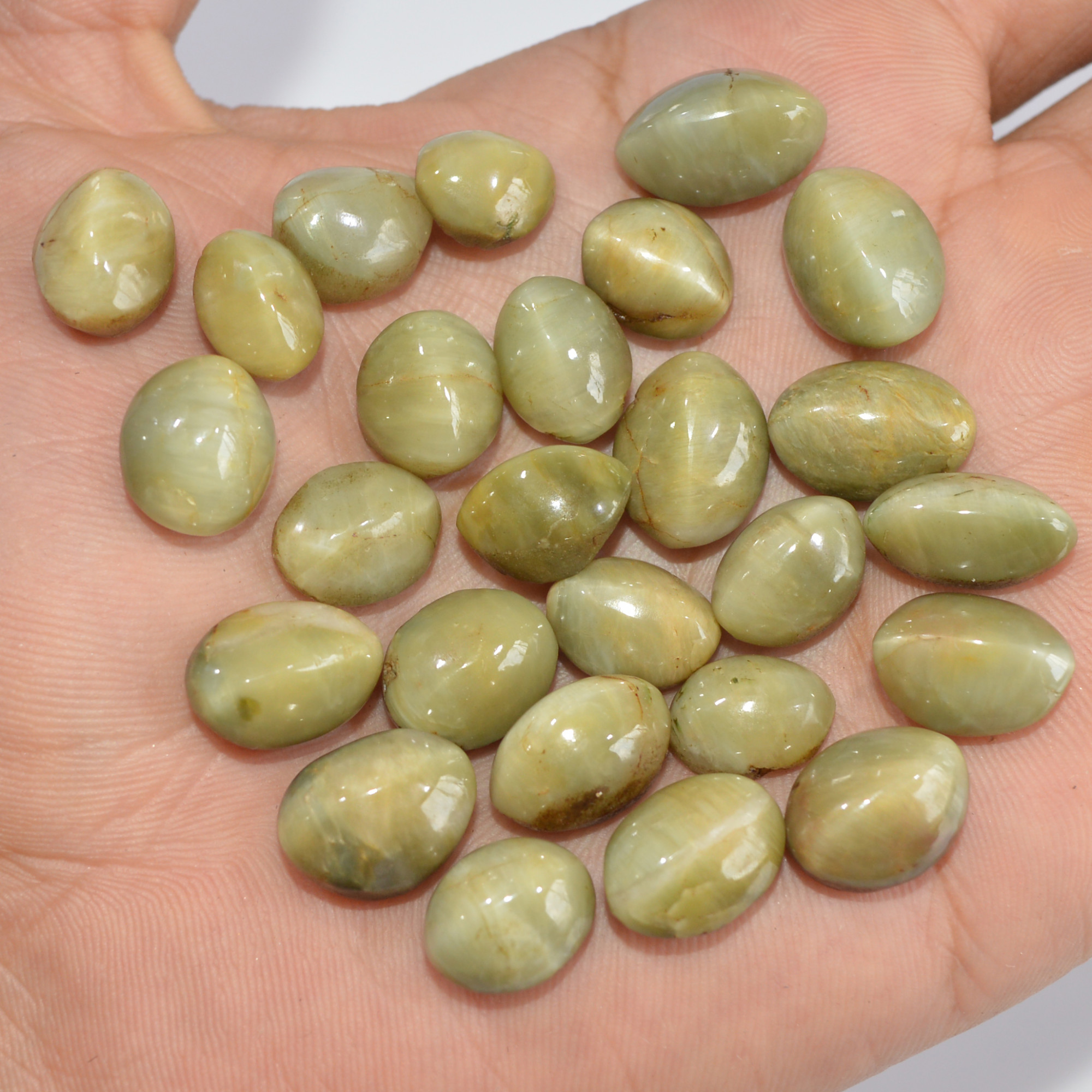 25 Pcs 224 Cts Natural Green Cat Eye Loose Gemstone Lot Back Unpolished Healing Crystal Mixed Shape For Jewelry Making 15x10 10x8mm 16862