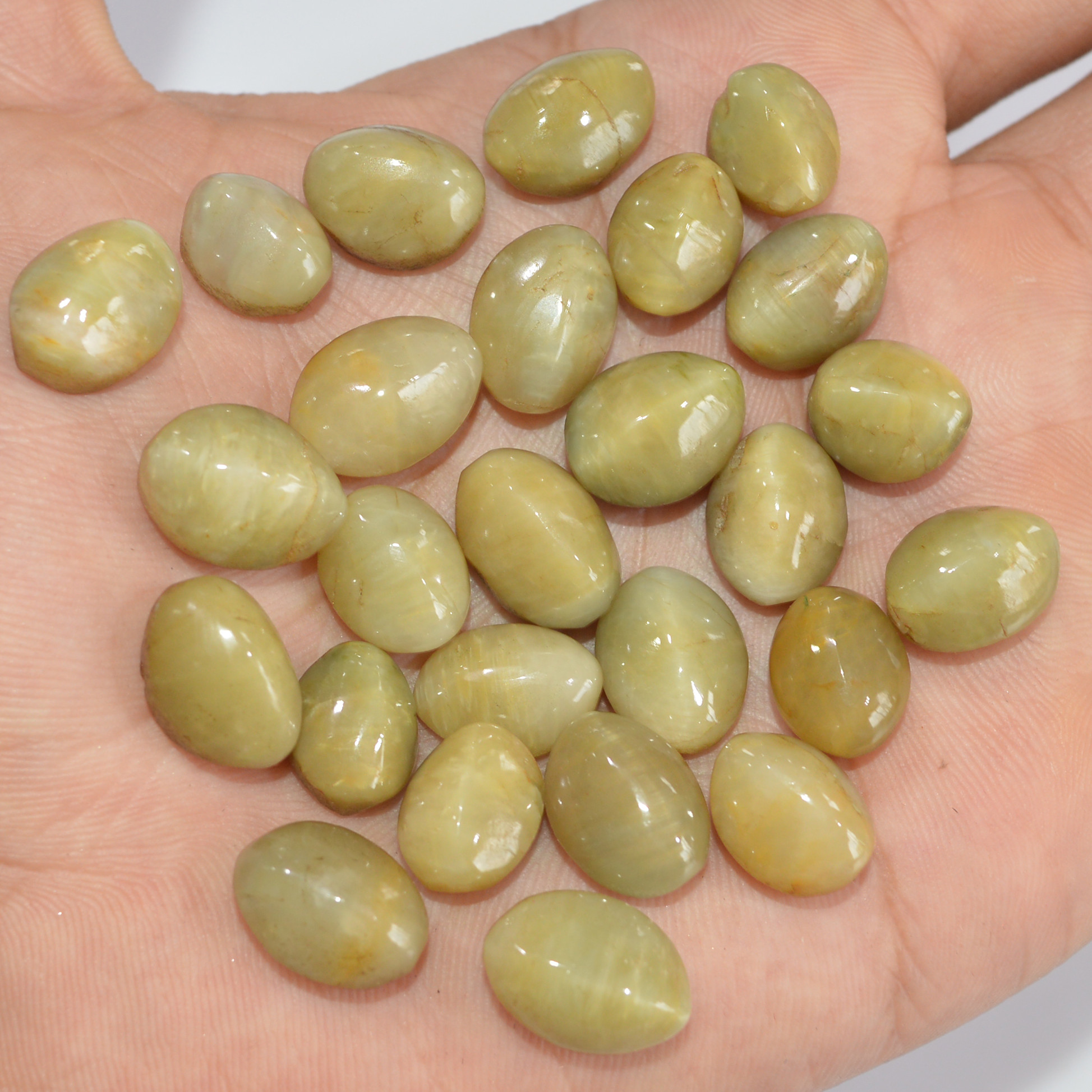 26 Pcs 230 Cts Natural Green Cat Eye Loose Gemstone Lot Back Unpolished Healing Crystal Mixed Shape For Jewelry Making 14x10 10x7mm 16864