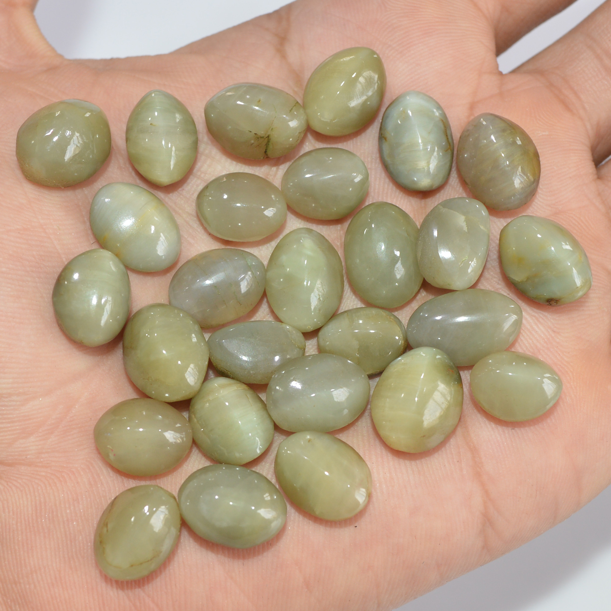 27 Pcs 235 Cts Natural Green Cat Eye Loose Gemstone Lot Back Unpolished Healing Crystal Mixed Shape For Jewelry Making 13x9 10x7mm 16865