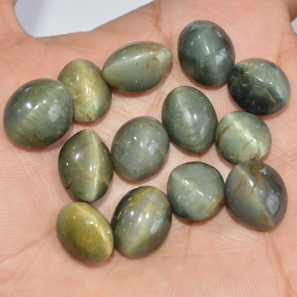 Image of 13 Pcs 163 Cts Natural Green Cat Eye Loose Gemstone Lot Back Unpolished Healing Crystal Mixed Shape For Jewelry Making 15x12 10x9mm #16866