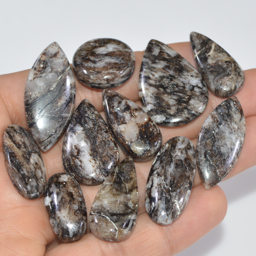 Image of 11 Pcs 204 Cts Natural Mica Schist Cabochon Gemstone Lot For Silver Jewerly Making Healing Crystal Gems 35x15 20x10mm #16881