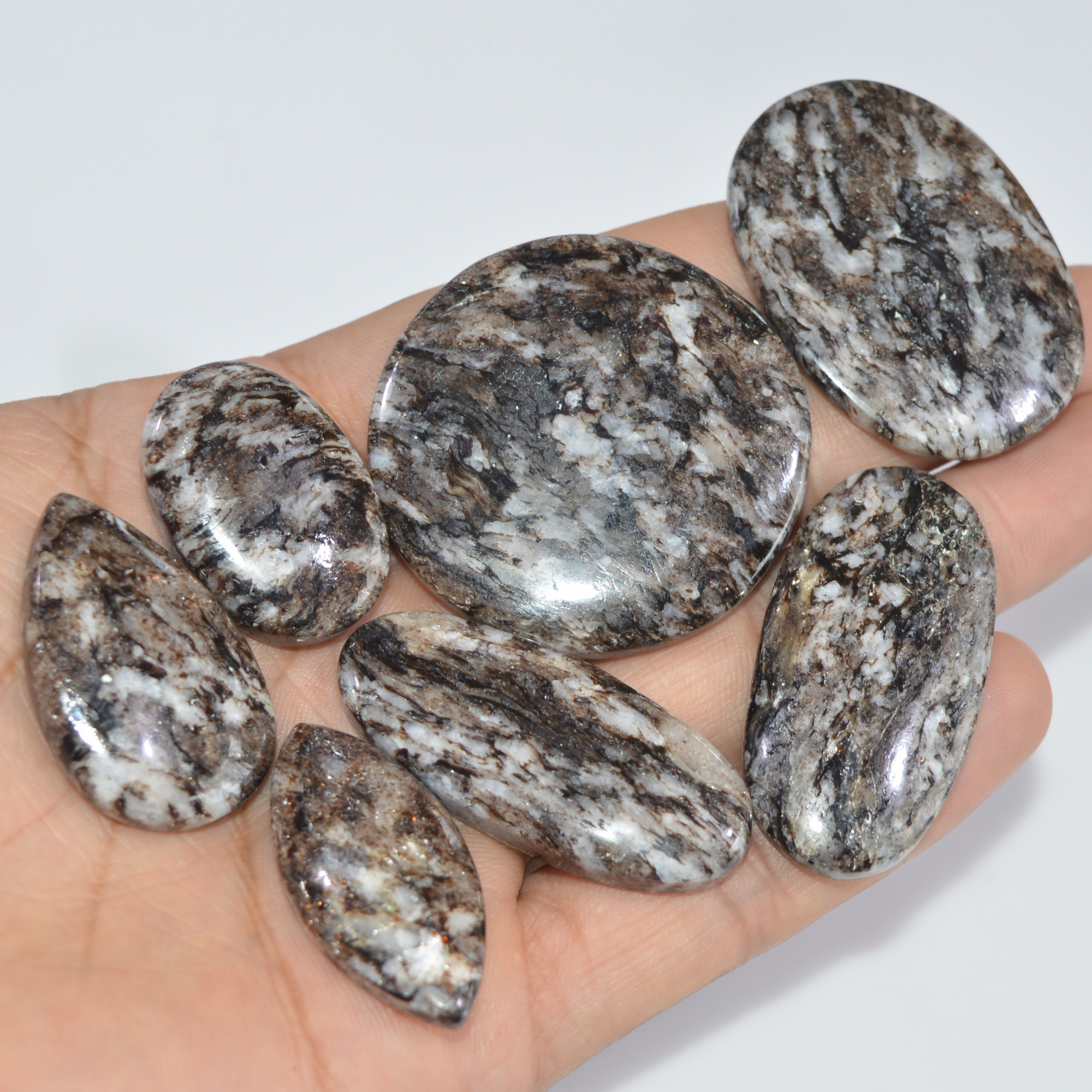 7 Pcs 377 Cts Natural Mica Schist Cabochon Gemstone Lot For Silver Jewerly Making Healing Crystal Gems 41x41 27x18mm 16885