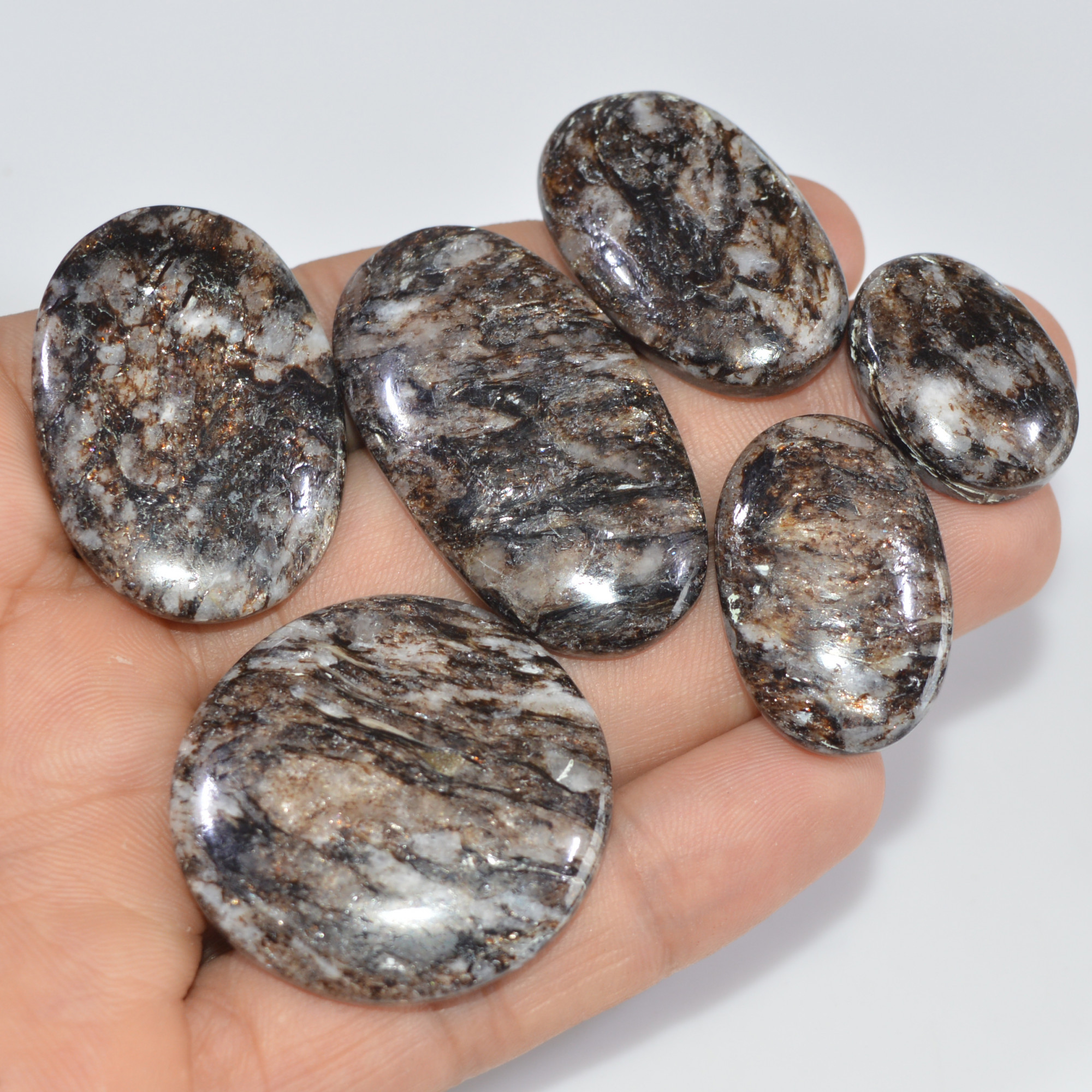 6 Pcs 242 Cts Natural Mica Schist Cabochon Gemstone Lot For Silver Jewerly Making Healing Crystal Gems 34x34 22x15mm 16887