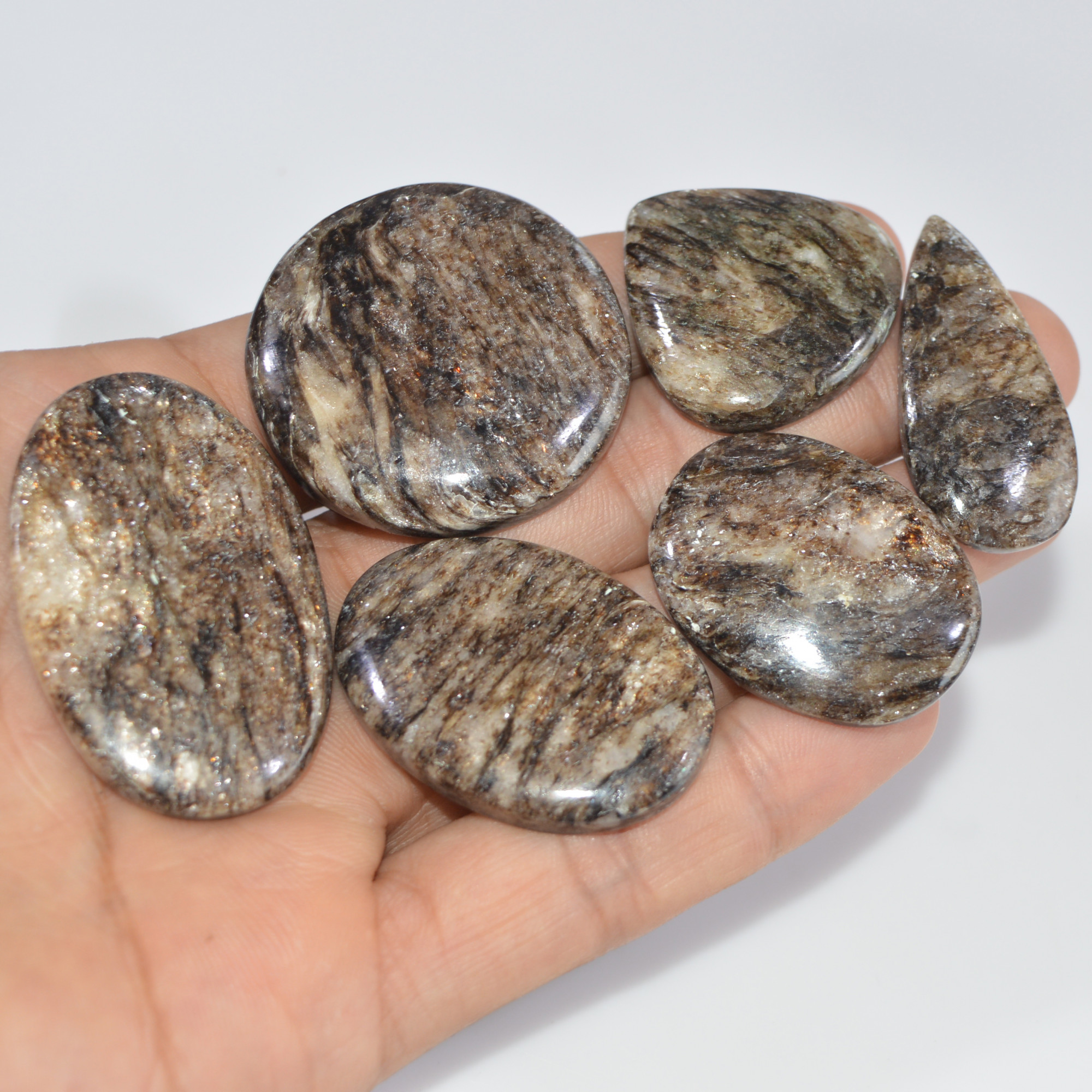 6 Pcs 344 Cts Natural Mica Schist Cabochon Gemstone Lot For Silver Jewerly Making Healing Crystal Gems 37x37 30x30mm 16888