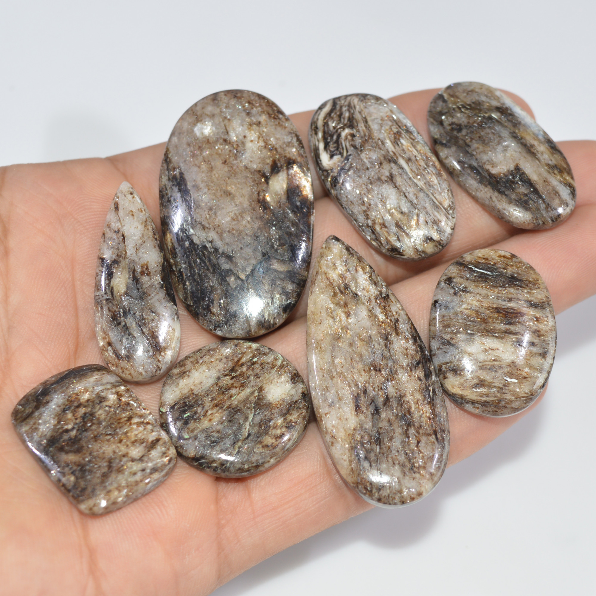 8 Pcs 295 Cts Natural Mica Schist Cabochon Gemstone Lot For Silver Jewerly Making Healing Crystal Gems 45x25 23x23mm 16890