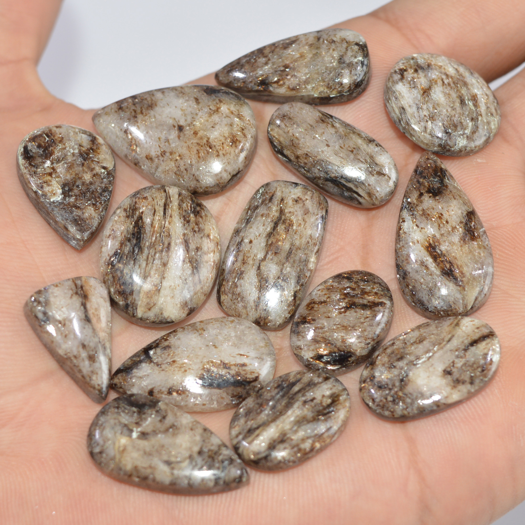 14 Pcs 209 Cts Natural Mica Schist Cabochon Gemstone Lot For Silver Jewerly Making Healing Crystal Gems 25x19 17x10mm 16892