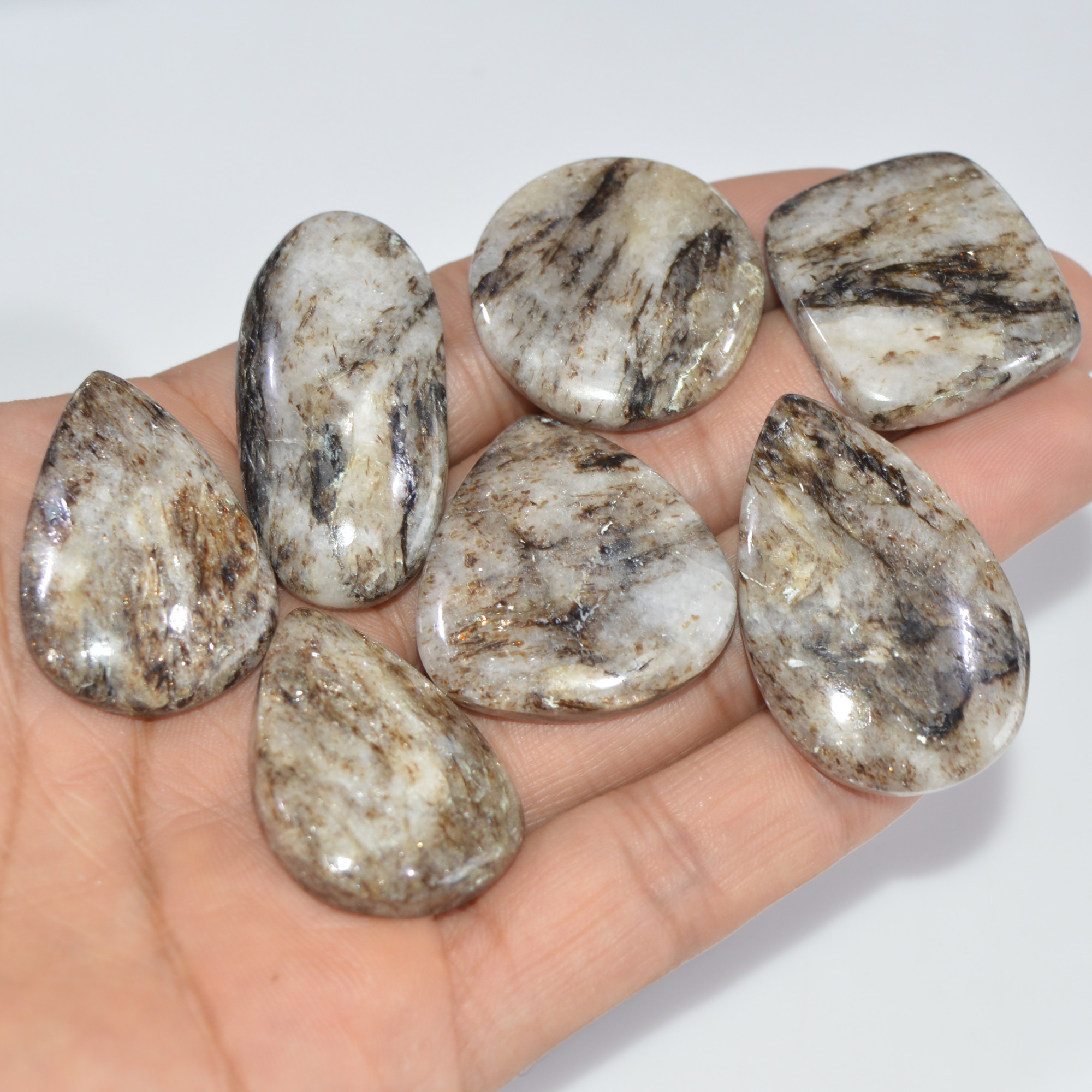 7 Pcs 298 Cts Natural Mica Schist Cabochon Gemstone Lot For Silver Jewerly Making Healing Crystal Gems 40x18 32x22 mm 16893