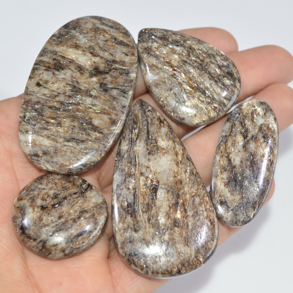 Image of 5 Pcs 359 Cts Natural Mica Schist Cabochon Gemstone Lot For Silver Jewerly Making Healing Crystal Gems 57x30 26x26mm #16894