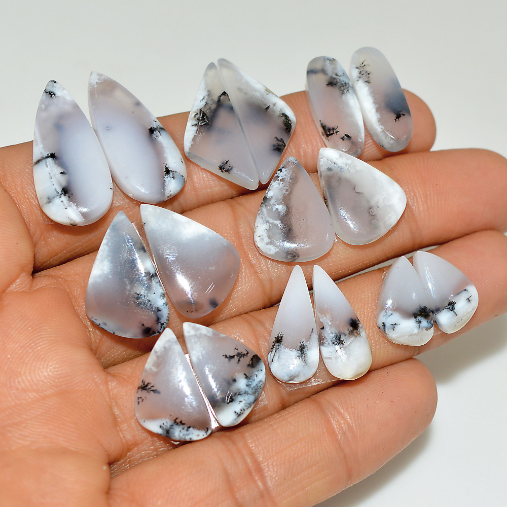 Image of 8 Pairs 109 Cts Natural White Dendrite Agate Cabochon Pair Lot Dendrite Opal Dangle Drop Silver Earrings For Women 25x10 13x7mm #16911