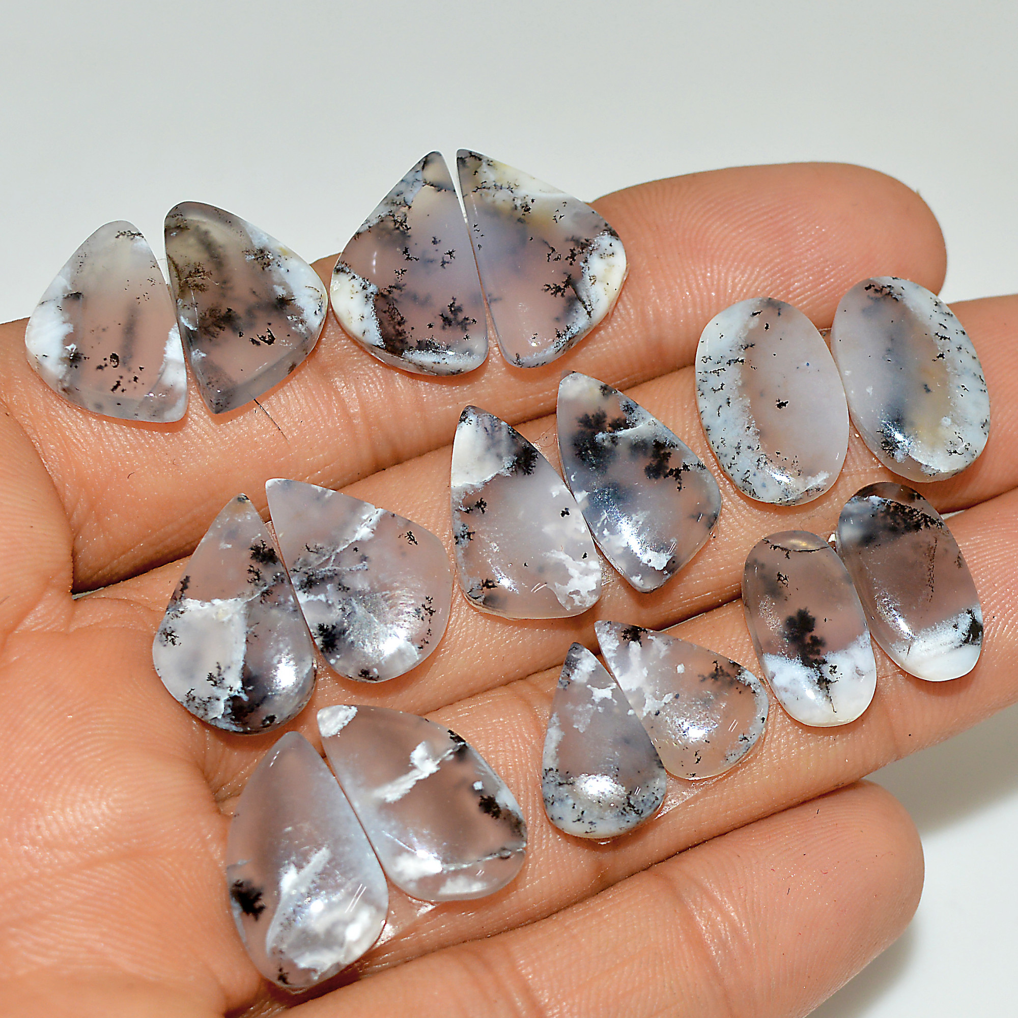 8 Pairs 93 Cts Natural White Dendrite Agate Cabochon Pair Lot Dendrite Opal Dangle Drop Silver Earrings For Women 18x10 13x8mm 16912