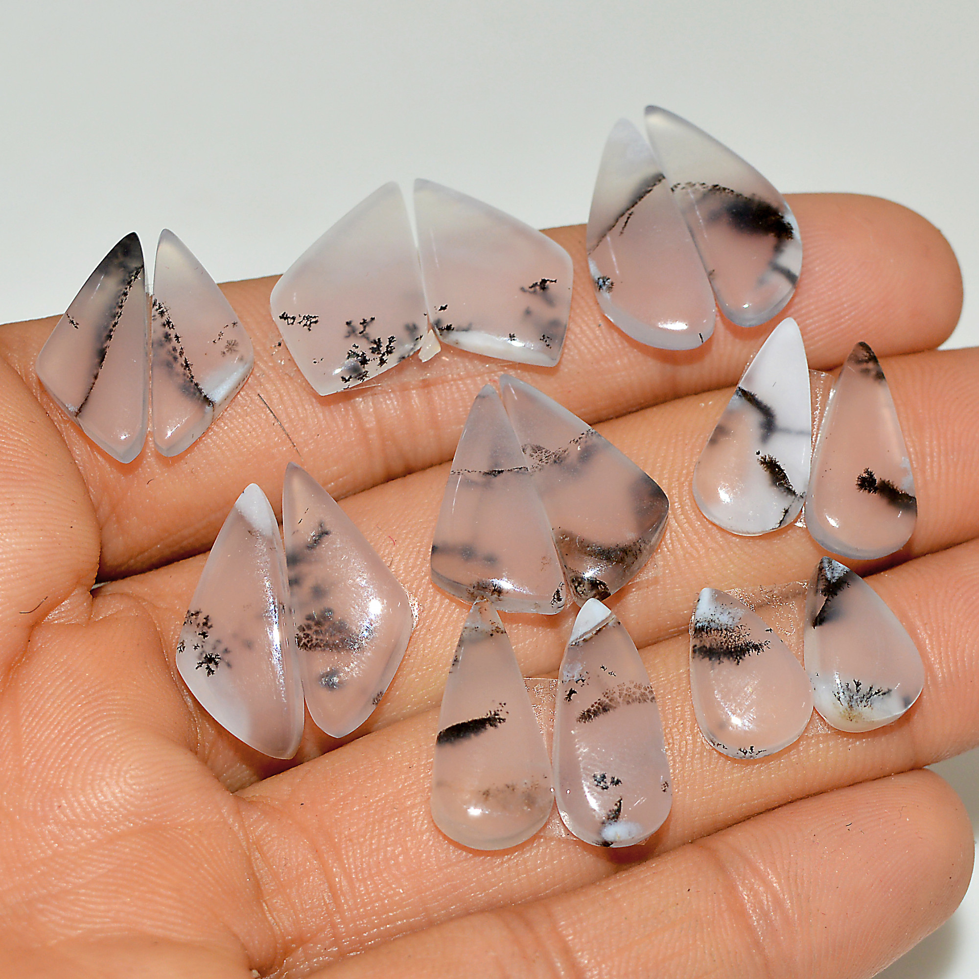 8 Pairs 85 Cts Natural White Dendrite Agate Cabochon Pair Lot Dendrite Opal Dangle Drop Silver Earrings For Women 20x5 11x6mm 16915