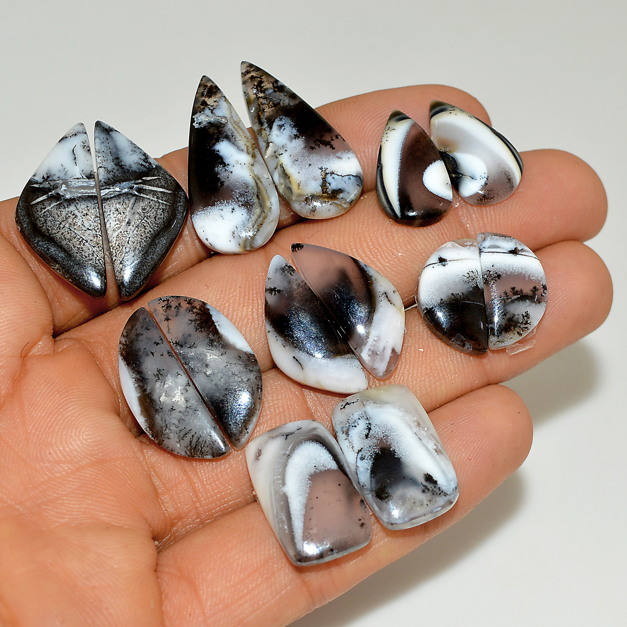 7 Pairs 131 Cts Natural White Dendrite Agate Cabochon Pair Lot Dendrite Opal Dangle Drop Silver Earrings For Women 27x10 15x8mm 16916