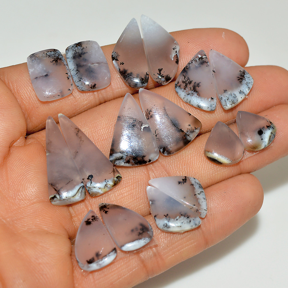 Image of 8 Pairs 106 Cts Natural White Dendrite Agate Cabochon Pair Lot Dendrite Opal Dangle Drop Silver Earrings For Women 25x10 12x10mm #16917