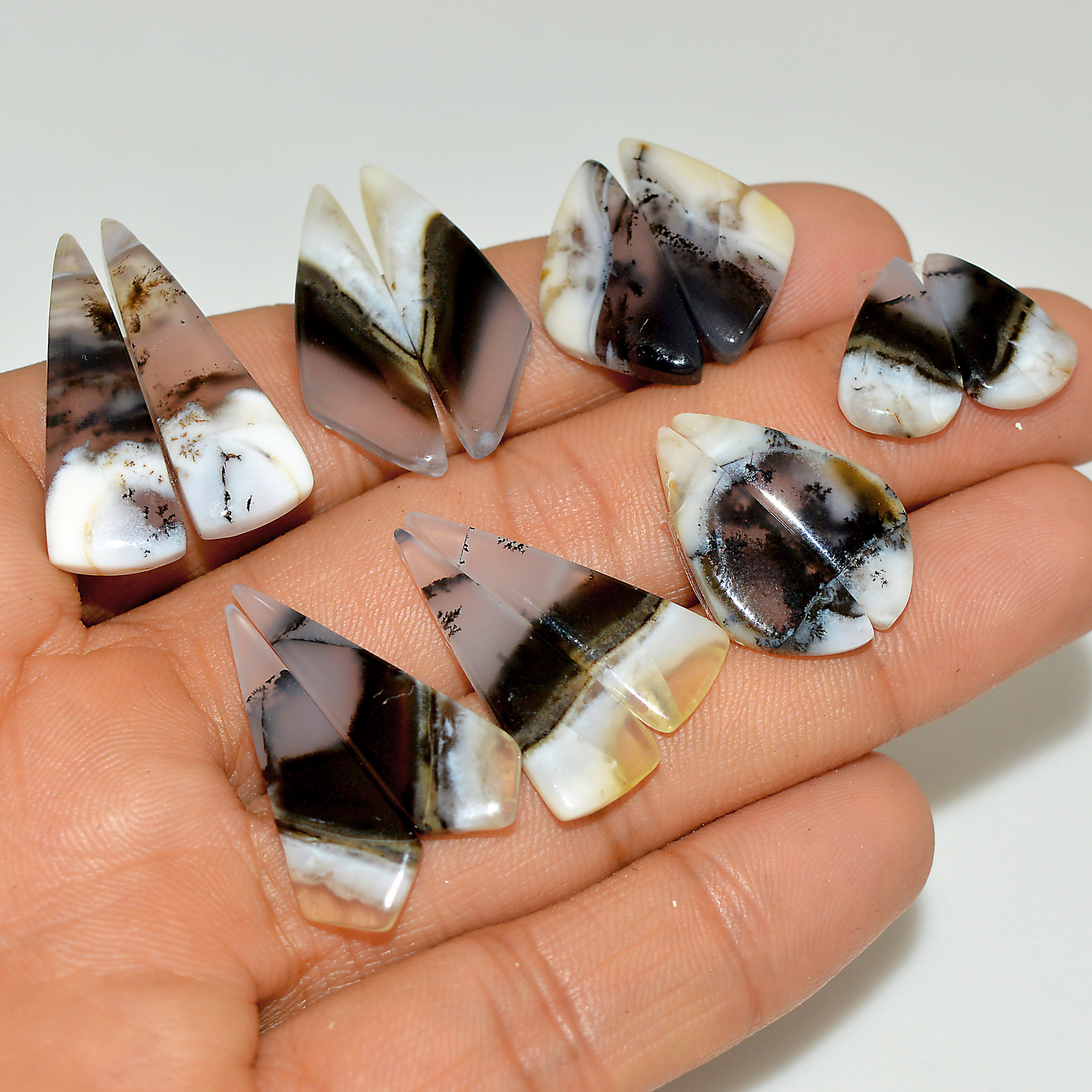 7 Pairs 88 Cts Natural White Dendrite Agate Cabochon Pair Lot Dendrite Opal Dangle Drop Silver Earrings For Women 26x9 14x9mm 16919