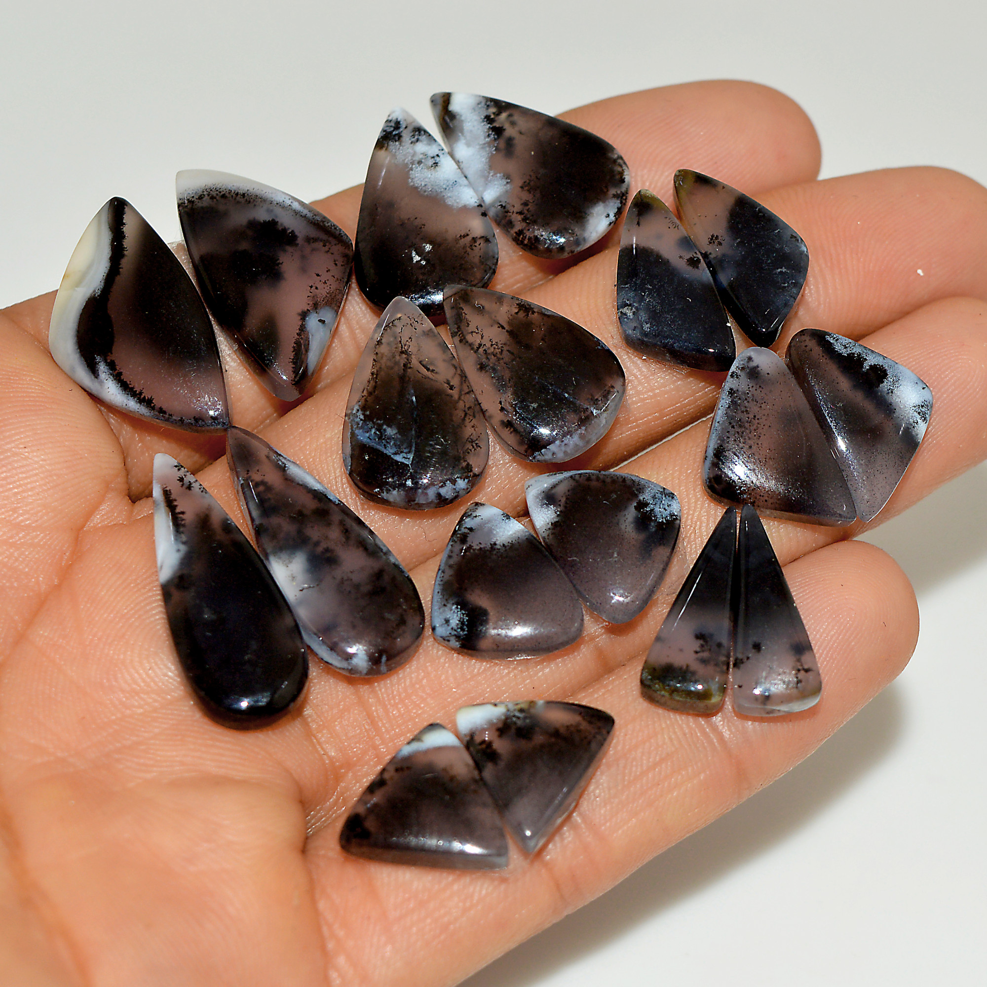 9 Pairs 140 Cts Natural White Dendrite Agate Cabochon Pair Lot Dendrite Opal Dangle Drop Silver Earrings For Women 23x13 14x10mm 16921