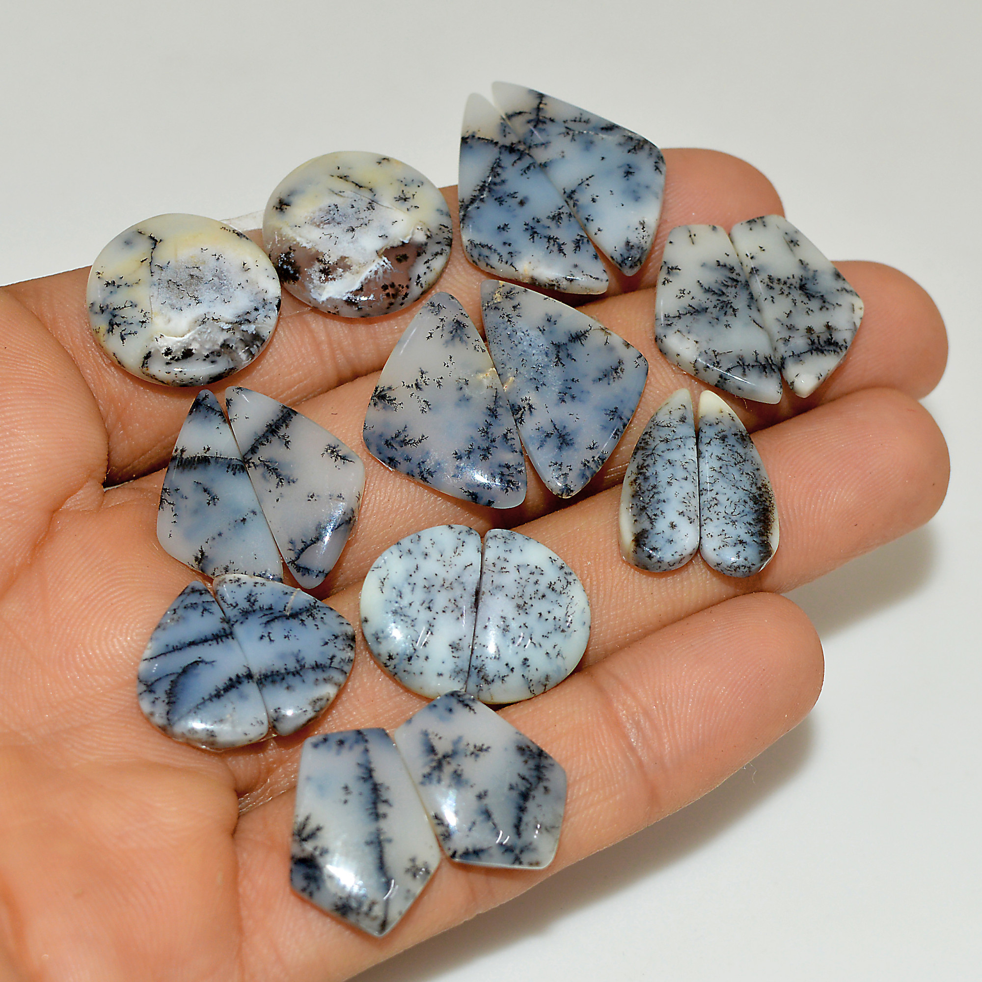 9 Pairs 106 Cts Natural White Dendrite Agate Cabochon Pair Lot Dendrite Opal Dangle Drop Silver Earrings For Women 25x10 14x10mm 16922