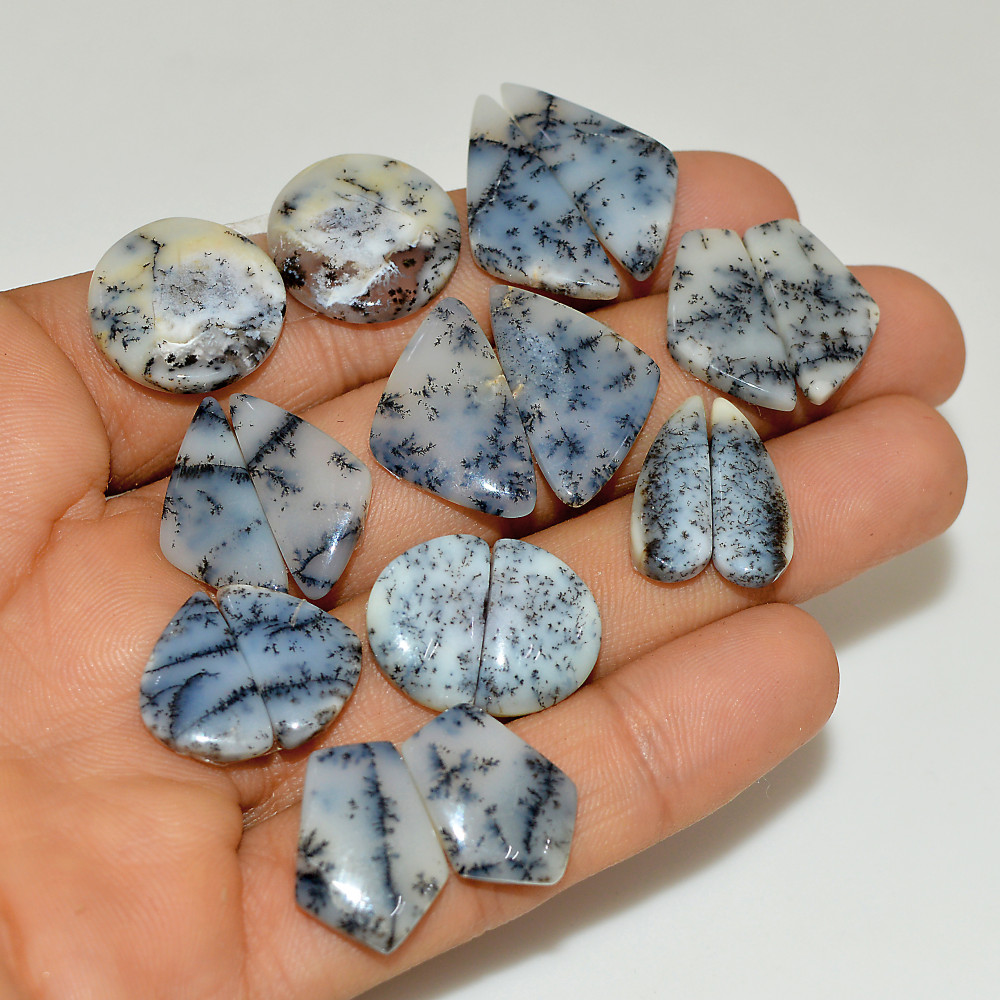 Image of 9 Pairs 106 Cts Natural White Dendrite Agate Cabochon Pair Lot Dendrite Opal Dangle Drop Silver Earrings For Women 25x10 14x10mm #16922