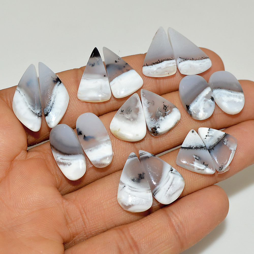 Image of 8 Pairs 103 Cts Natural White Dendrite Agate Cabochon Pair Lot Dendrite Opal Dangle Drop Silver Earrings For Women 20x10 14x10mm #16923