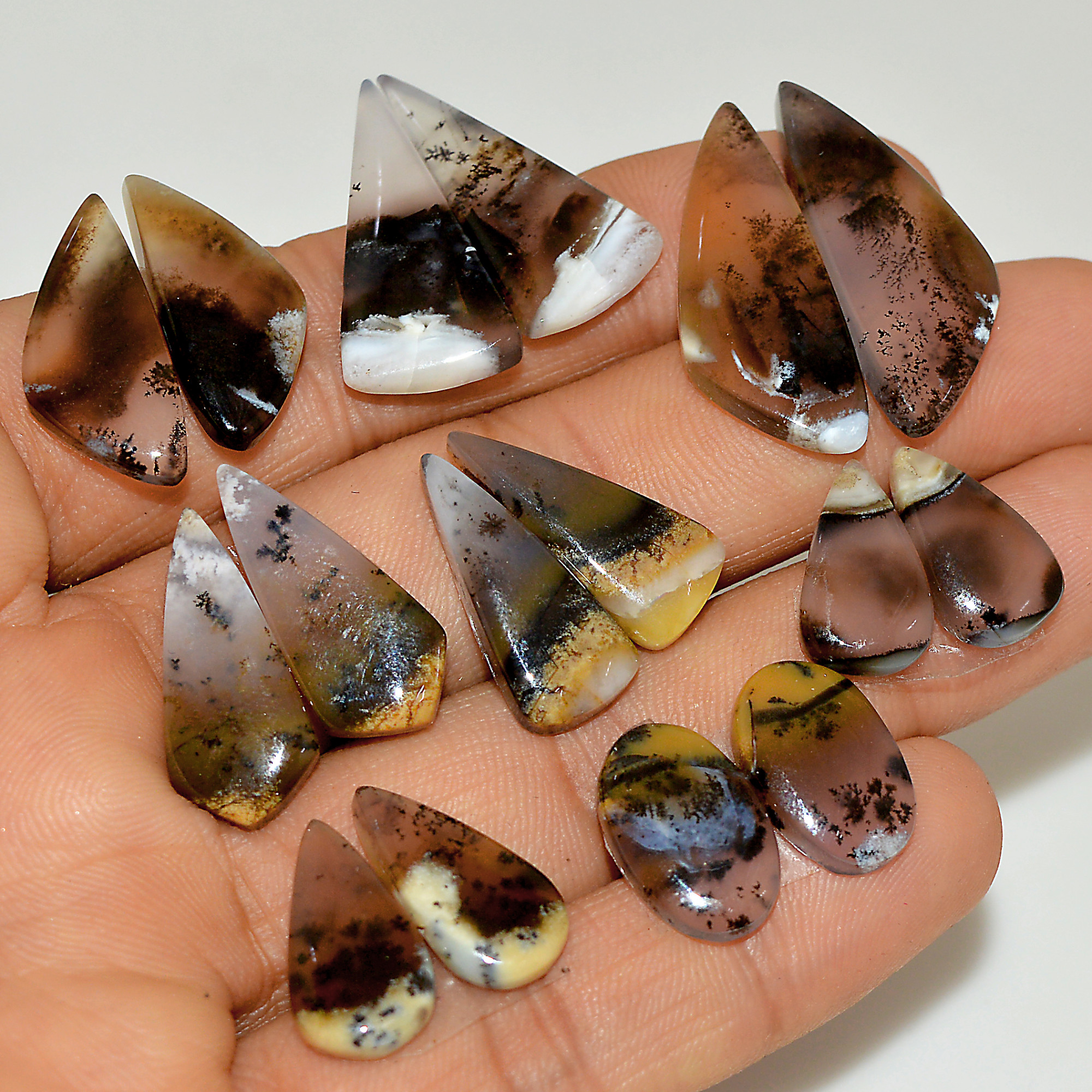 8 Pairs 121 Cts Natural White Dendrite Agate Cabochon Pair Lot Dendrite Opal Dangle Drop Silver Earrings For Women 30x10 15x10mm 16925