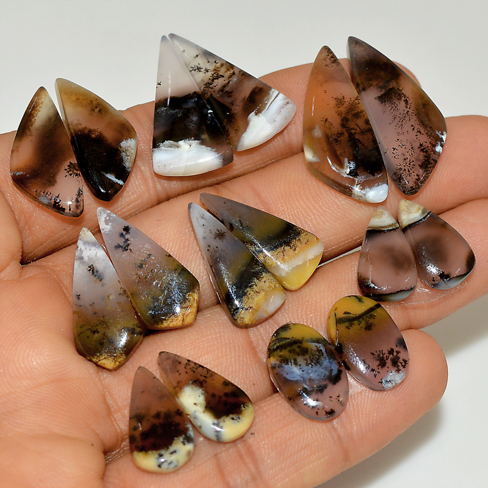 Image of 8 Pairs 121 Cts Natural White Dendrite Agate Cabochon Pair Lot Dendrite Opal Dangle Drop Silver Earrings For Women 30x10 15x10mm #16925