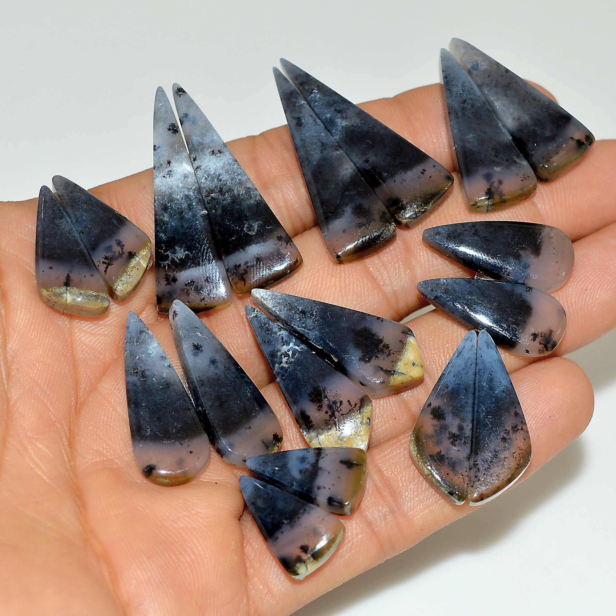 9 Pairs 195 Cts Natural White Dendrite Agate Cabochon Pair Lot Dendrite Opal Dangle Drop Silver Earrings For Women 35x10 15x10mm 16927