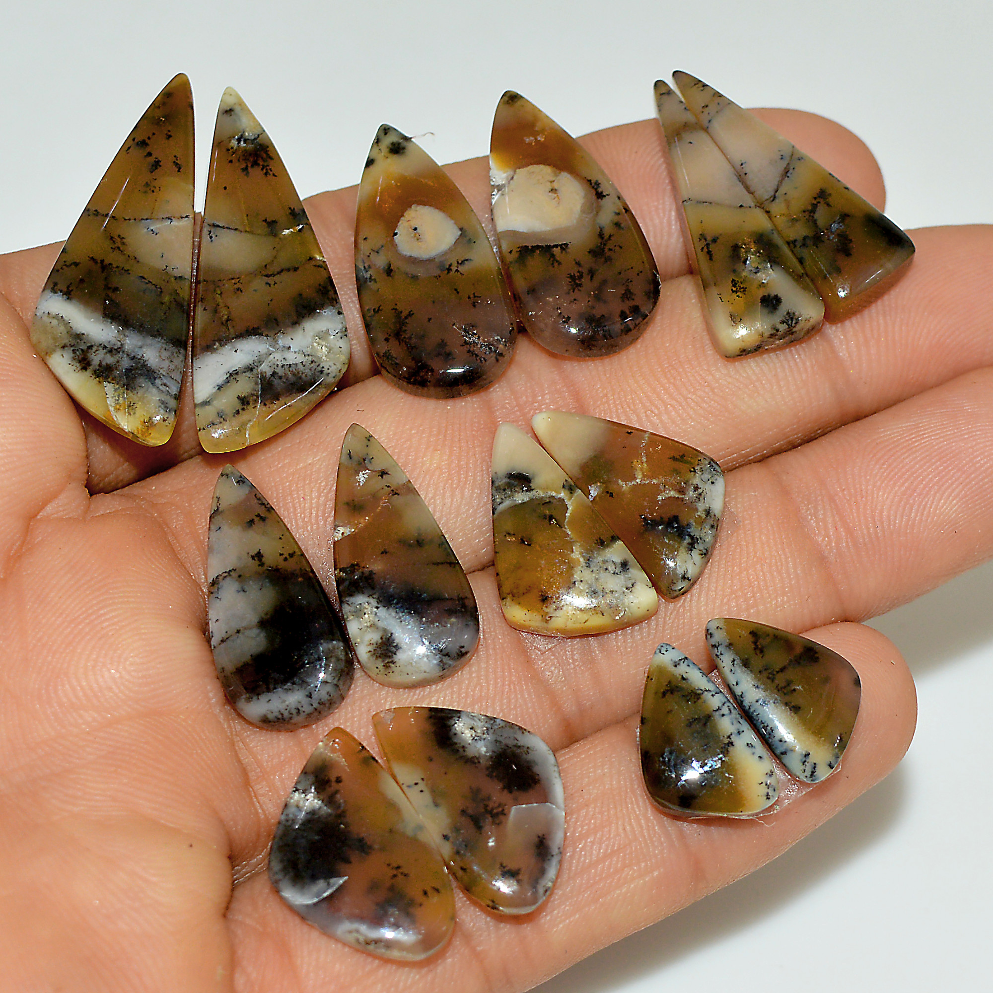7 Pairs 122 Cts Natural White Dendrite Agate Cabochon Pair Lot Dendrite Opal Dangle Drop Silver Earrings For Women 32x10 14x8mm 16928