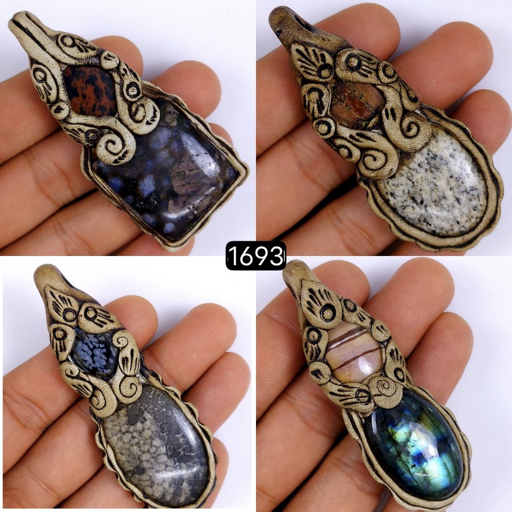 4 Pcs Lot 460Cts Natural Mix Gemstone Polymer Clay Pendant, Handmade polymer clay jewelry Necklaces, double stone Semi-precious gemstone pendants 75x25 70x20mm #G-1693