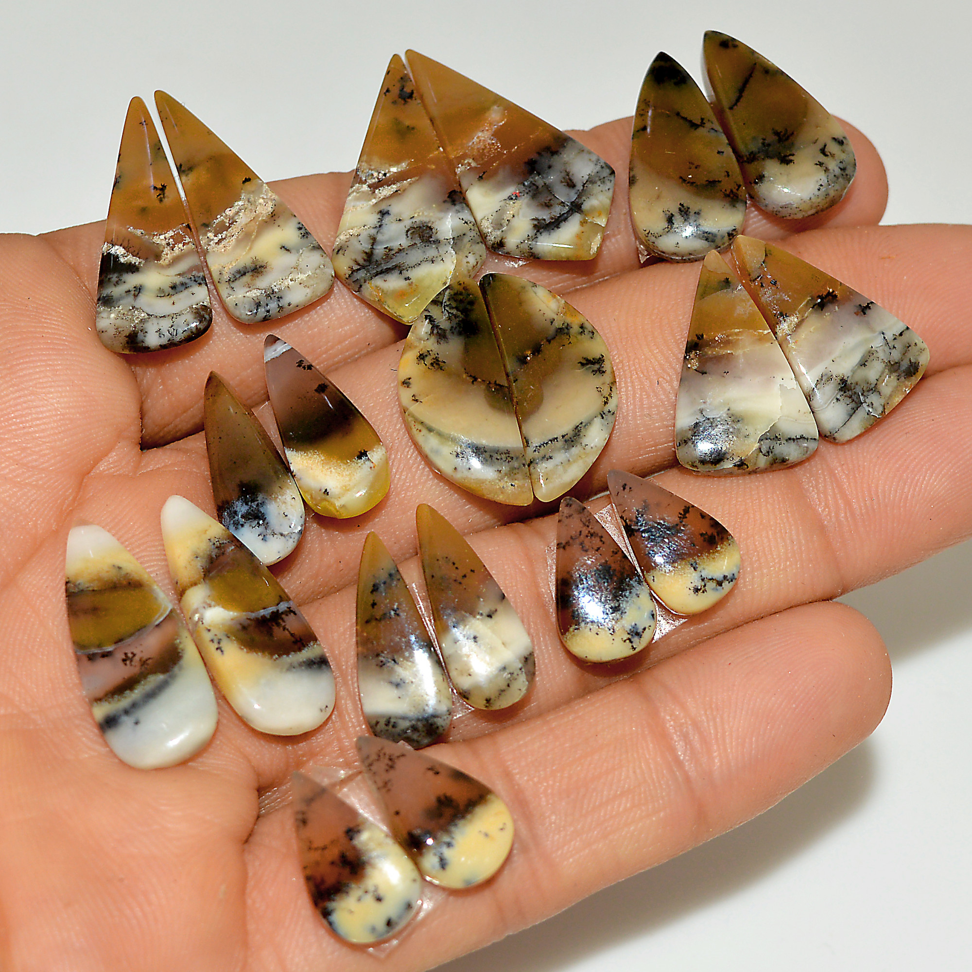 10 Pairs 122 Cts Natural White Dendrite Agate Cabochon Pair Lot Dendrite Opal Dangle Drop Silver Earrings For Women 26x12 12x6mm 16930