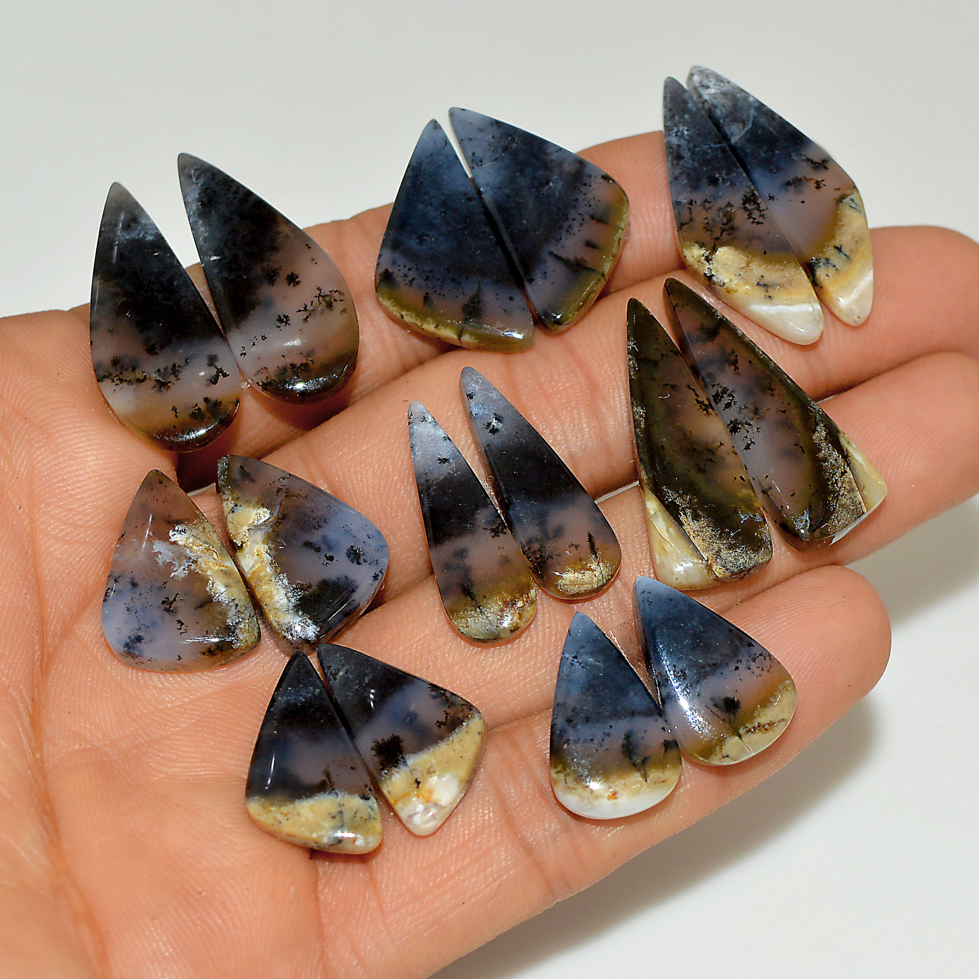 8 Pairs 165 Cts Natural White Dendrite Agate Cabochon Pair Lot Dendrite Opal Dangle Drop Silver Earrings For Women 30x10 18x10mm 16931