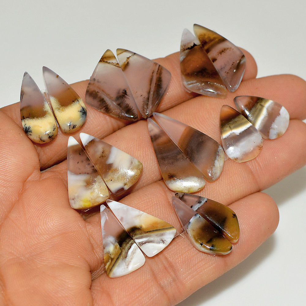 Image of 8 Pairs 109 Cts Natural White Dendrite Agate Cabochon Pair Lot Dendrite Opal Dangle Drop Silver Earrings For Women 24x10 16x10mm #16932