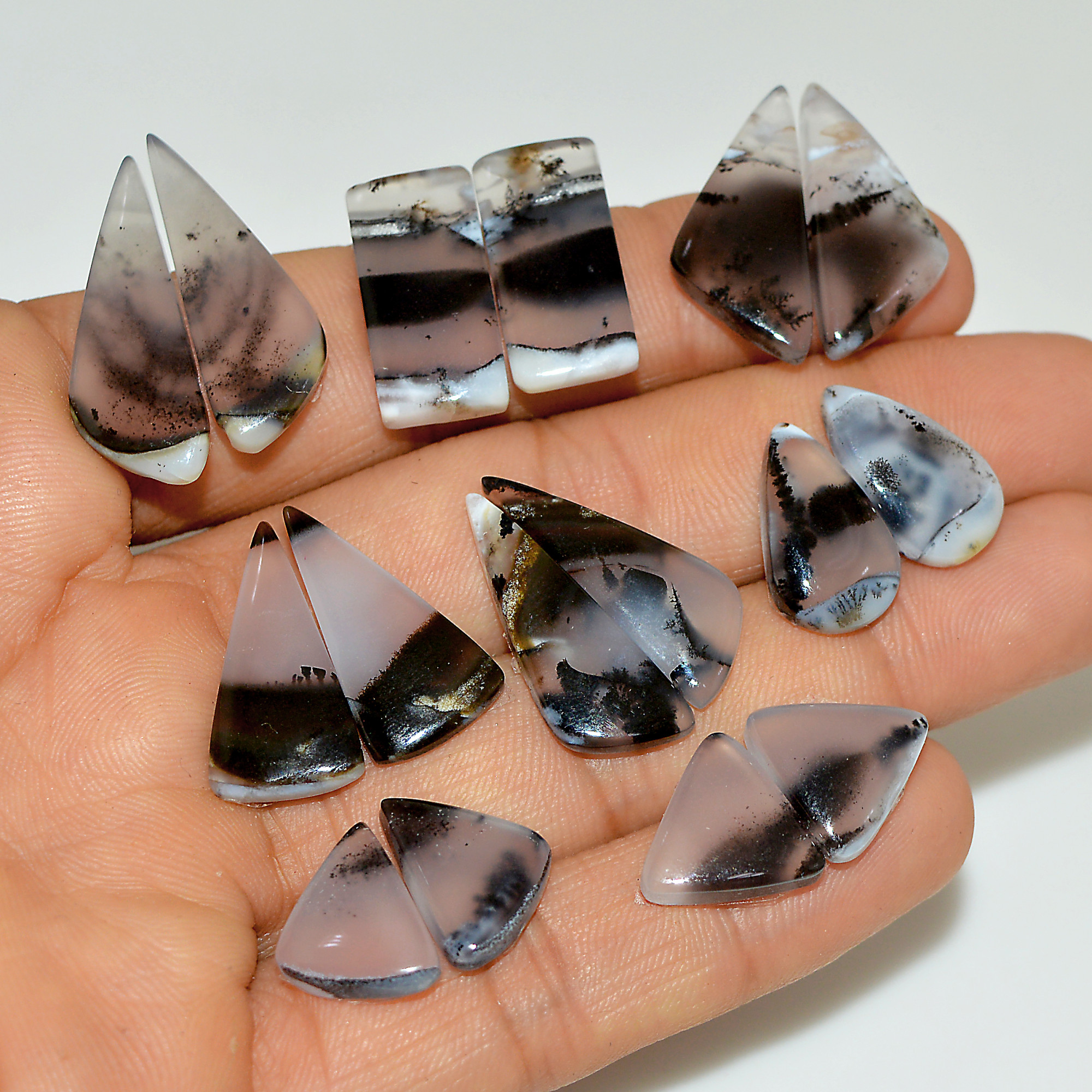 8 Pairs 115 Cts Natural White Dendrite Agate Cabochon Pair Lot Dendrite Opal Dangle Drop Silver Earrings For Women 29x9 14x10mm 16933