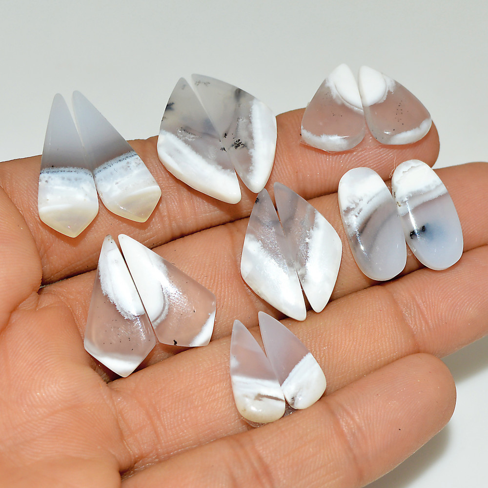 Image of 7 Pairs 90 Cts Natural White Dendrite Agate Cabochon Pair Lot Dendrite Opal Dangle Drop Silver Earrings For Women 25x9 15x10mm #16934