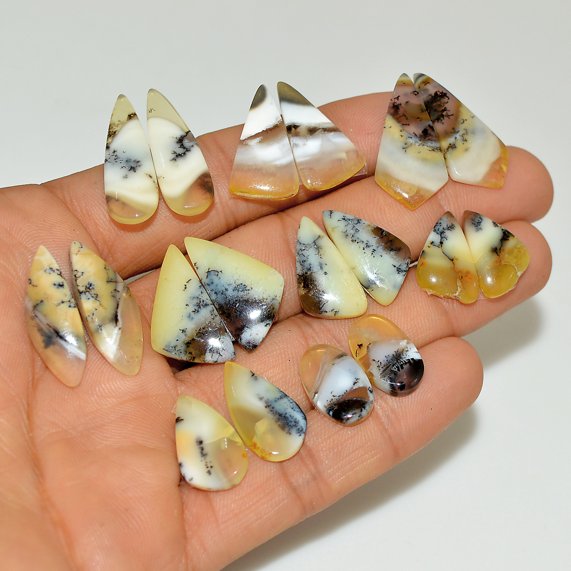 9 Pairs 108 Cts Natural White Dendrite Agate Cabochon Pair Lot Dendrite Opal Dangle Drop Silver Earrings For Women 28x7 15x9mm 16935