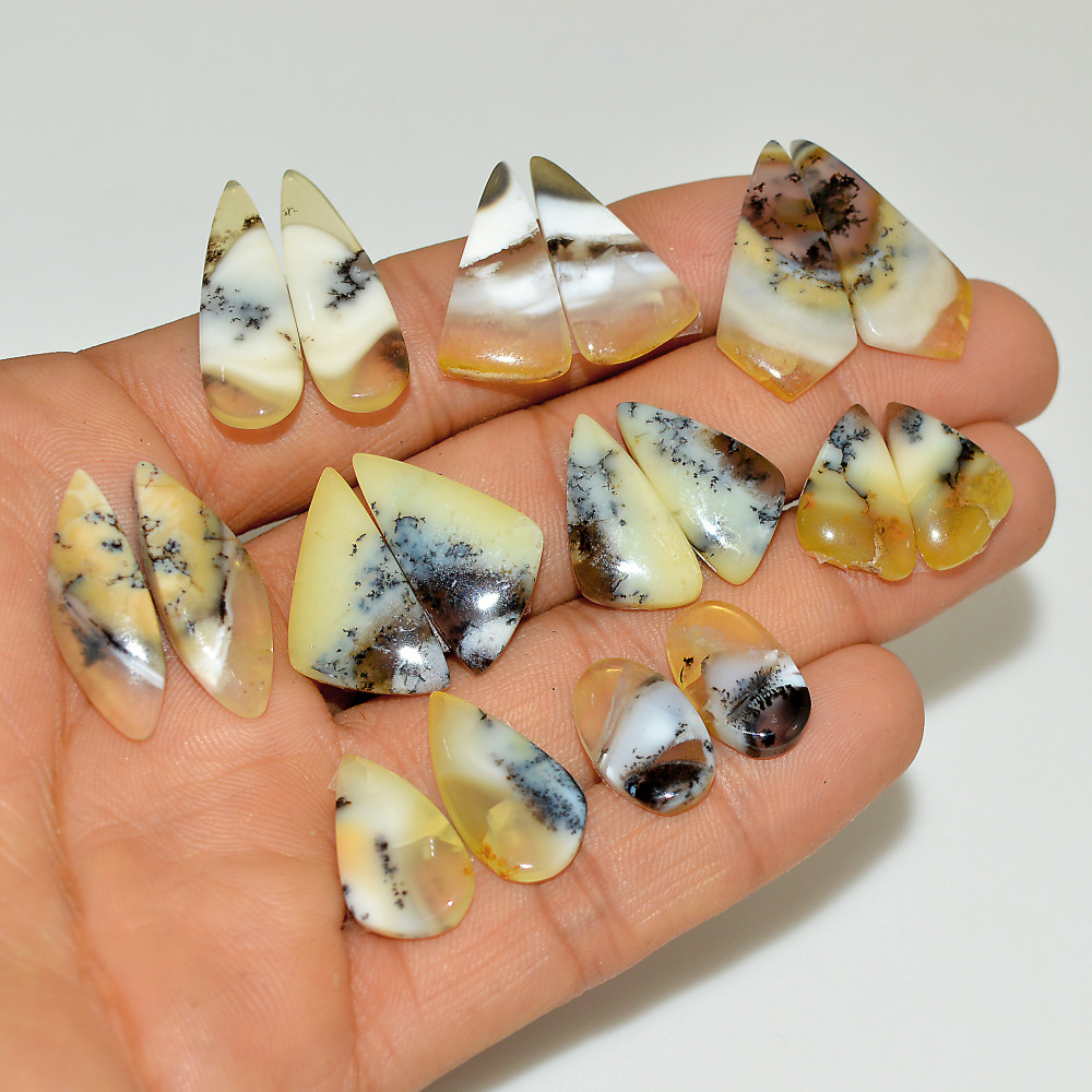 Image of 9 Pairs 108 Cts Natural White Dendrite Agate Cabochon Pair Lot Dendrite Opal Dangle Drop Silver Earrings For Women 28x7 15x9mm #16935
