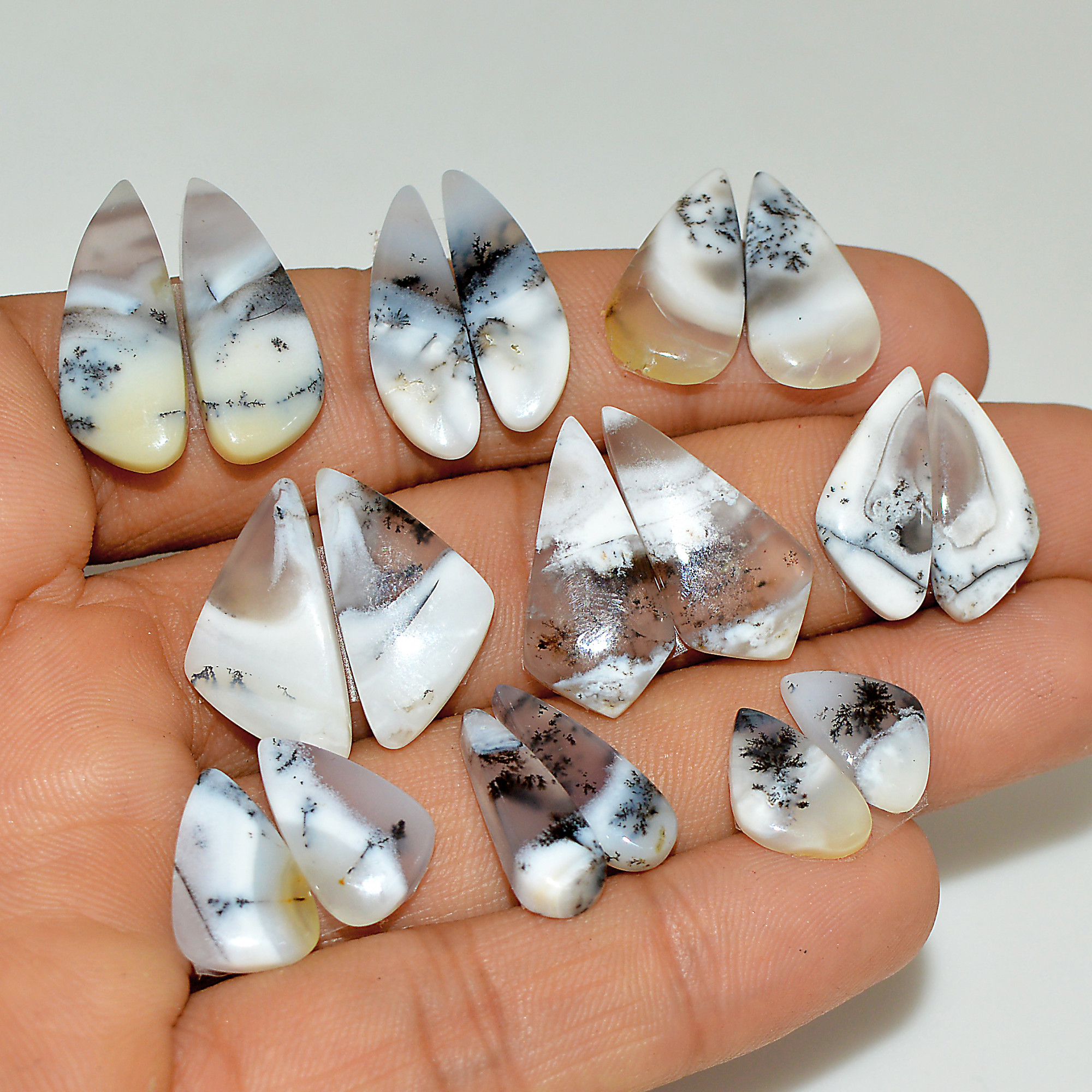 9 Pairs 95 Cts Natural White Dendrite Agate Cabochon Pair Lot Dendrite Opal Dangle Drop Silver Earrings For Women 22x8 11x9mm 16937