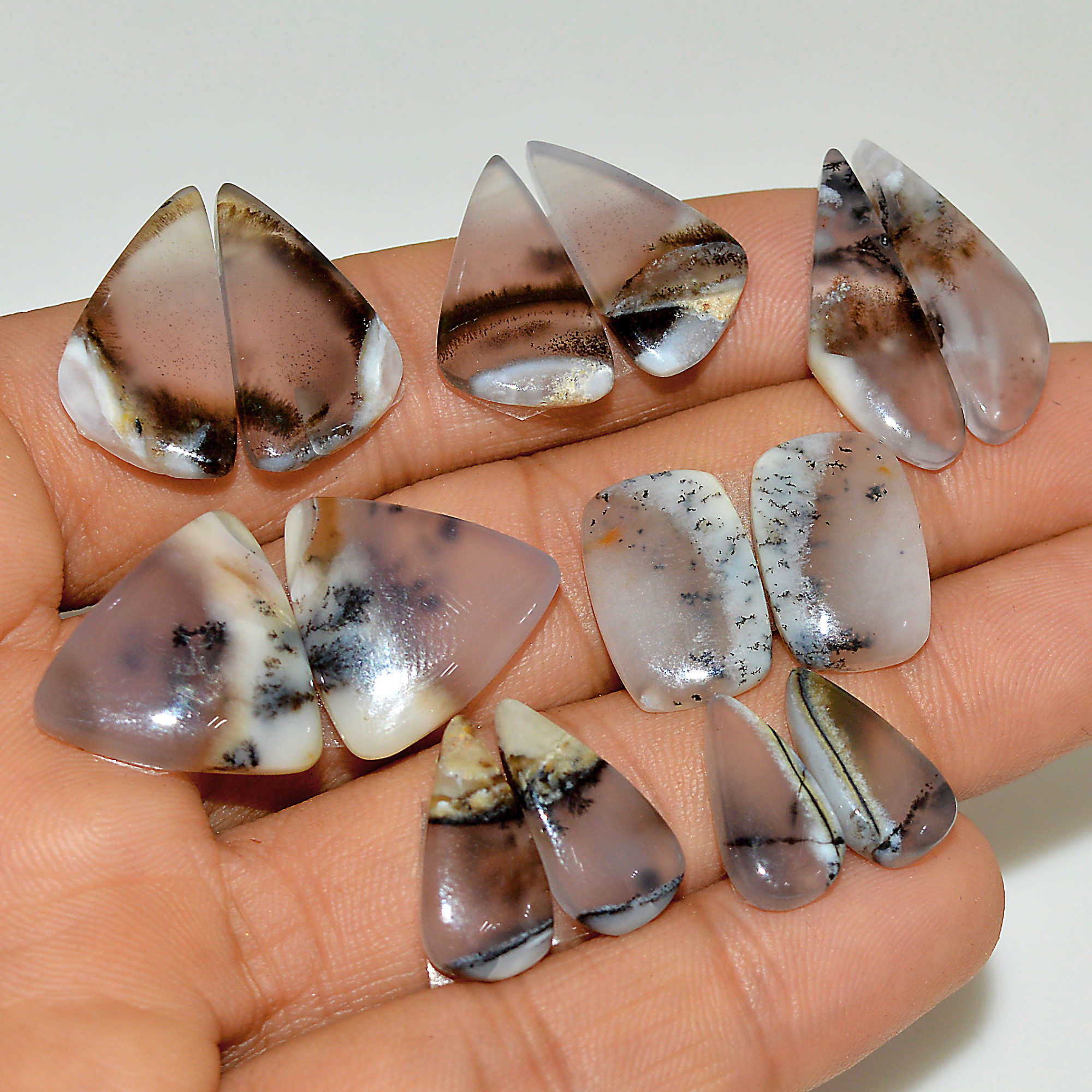 7 Pairs 101 Cts Natural White Dendrite Agate Cabochon Pair Lot Dendrite Opal Dangle Drop Silver Earrings For Women 16x16 14x5mm 16938