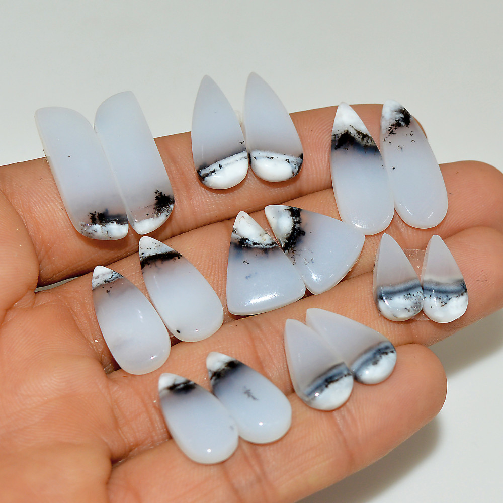 Image of 8 Pairs 112 Cts Natural White Dendrite Agate Cabochon Pair Lot Dendrite Opal Dangle Drop Silver Earrings For Women 25x7 13x5mm #16939