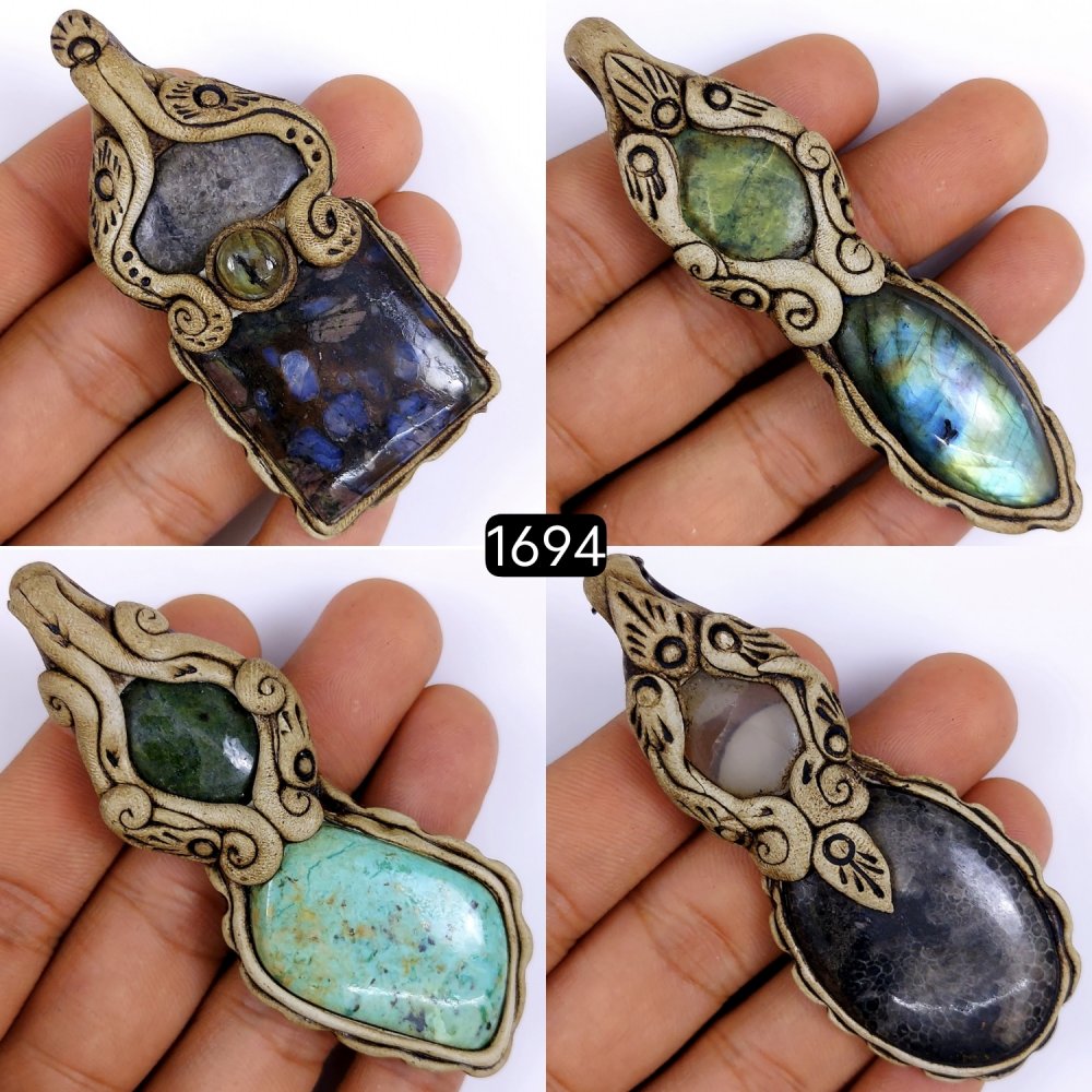 4 Pcs Lot 530Cts Natural Mix Gemstone Polymer Clay Pendant, Handmade polymer clay jewelry Necklaces, double stone Semi-precious gemstone pendants 75x25 70x20mm #G-1694