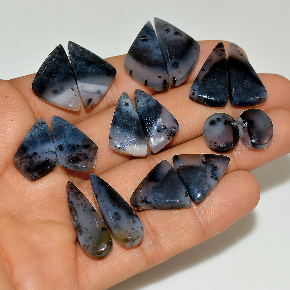 Image of 8 Pairs 162 Cts Natural White Dendrite Agate Cabochon Pair Lot Dendrite Opal Dangle Drop Silver Earrings For Women 25x10 10x9mm #16940