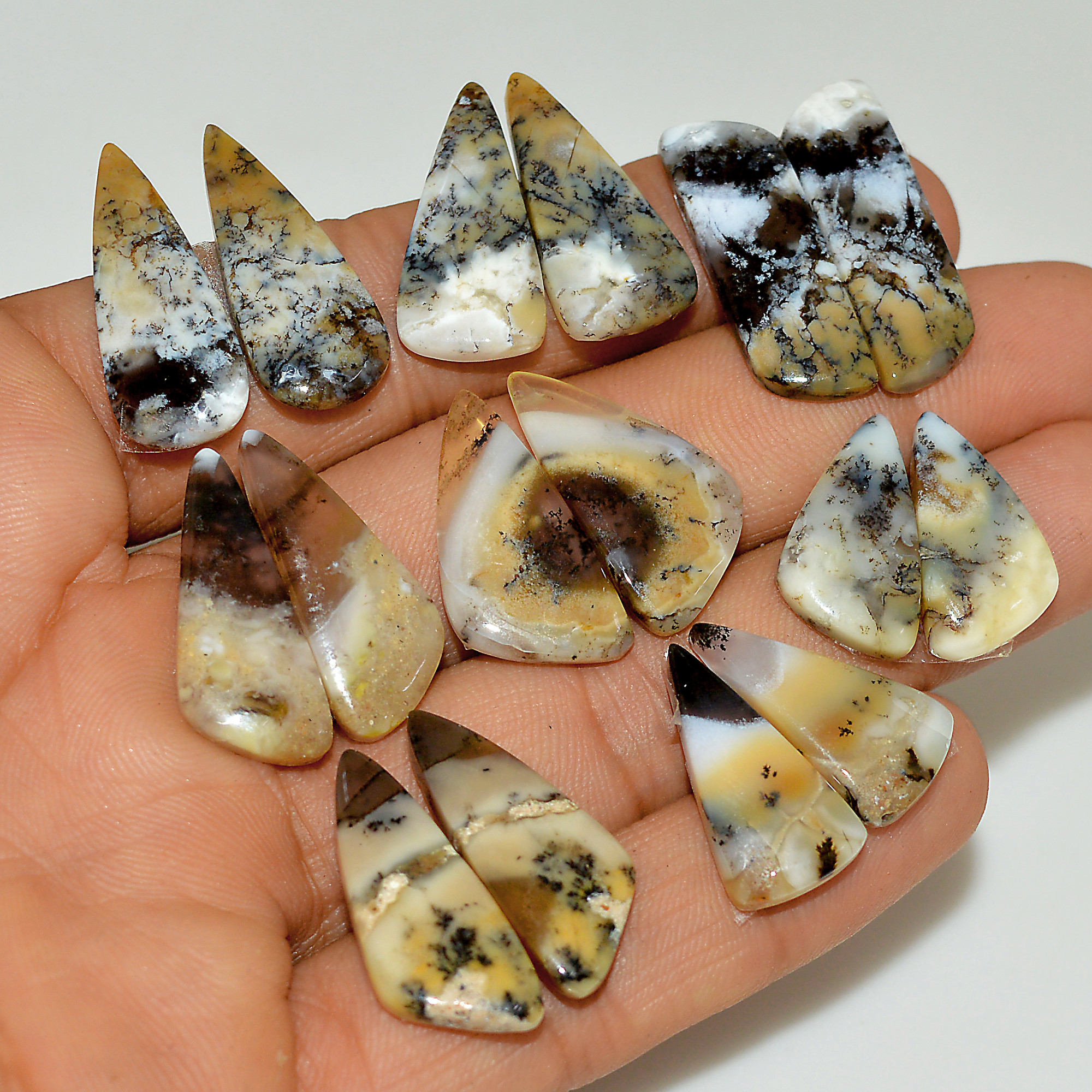 8 Pairs 122 Cts Natural White Dendrite Agate Cabochon Pair Lot Dendrite Opal Dangle Drop Silver Earrings For Women 25x6 19x10mm 16942