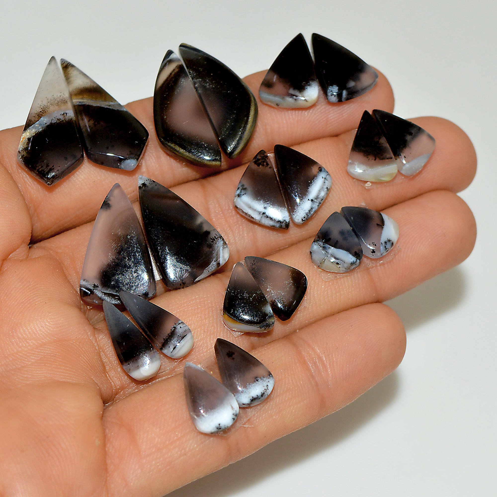 10 Pairs 102 Cts Natural White Dendrite Agate Cabochon Pair Lot Dendrite Opal Dangle Drop Silver Earrings For Women 25x10 10x6mm 16943